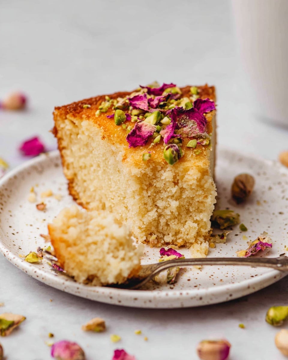 A single thick slice of light golden cake with a crumbly texture and a slightly darker crust sits on a white plate with small speckles. The top layer of the cake is decorated with chopped green pistachios and small dried pink rose petals, adding pops of color. A small fork holds a bite-sized piece of the cake in the foreground, showing the soft inside. Scattered pistachios and rose petals are around the plate on a white marbled surface. Photo taken with an iphone --ar 4:5 --v 7