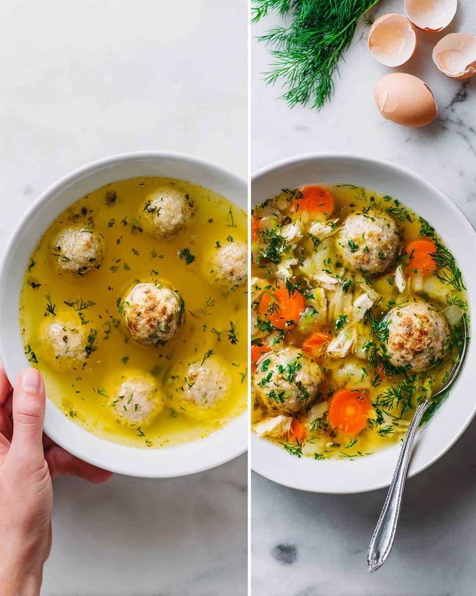 The image shows two side-by-side photos of chicken meatball soup in a white bowl. On the left, a woman's hand holds a single beige meatball with a slightly rough texture above a bowl filled with yellowish clear broth and many floating meatballs. The bowl rests on a white marbled surface, with parts of eggshells and vegetables visible in the blurred background. On the right, the white bowl contains a clear broth with visible oil droplets, four meatballs floating along with several bright orange carrot slices, small pieces of shredded white chicken, fresh green dill sprigs, and a silver spoon partially submerged. The scene is also set on a white marbled surface. photo taken with an iphone --ar 4:5 --v 7