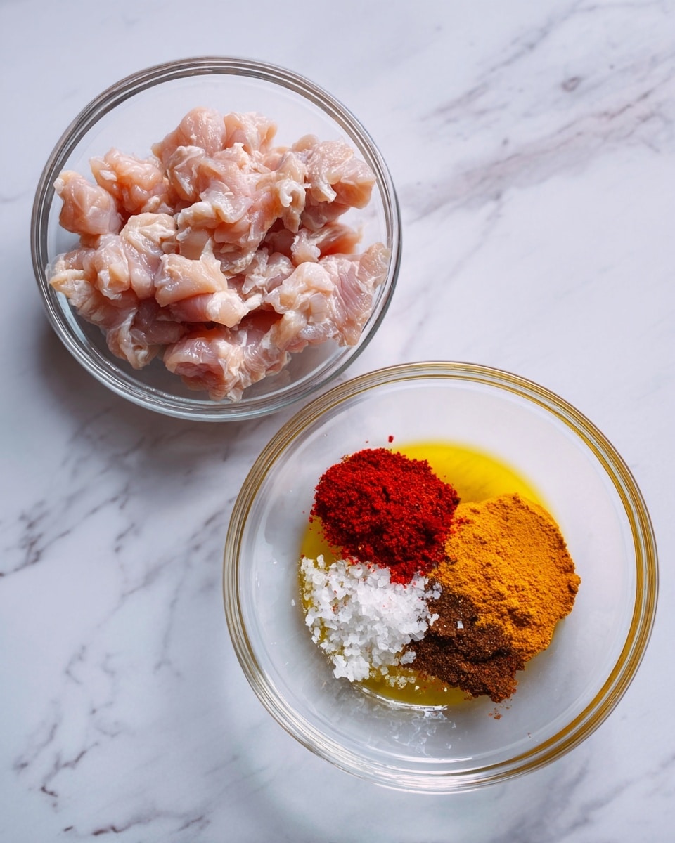 The image shows two side-by-side scenes on a white marbled surface: on the left, small light pink pieces of raw chicken are piled loosely; on the right, a clear glass bowl contains several ingredients layered together—bright yellow oil at the bottom, topped with an orange powder, a dark brown paste, white granules, and a red powder, all clearly separated. The colors and textures stand out against the clear bowl and white marbled background. photo taken with an iphone --ar 4:5 --v 7