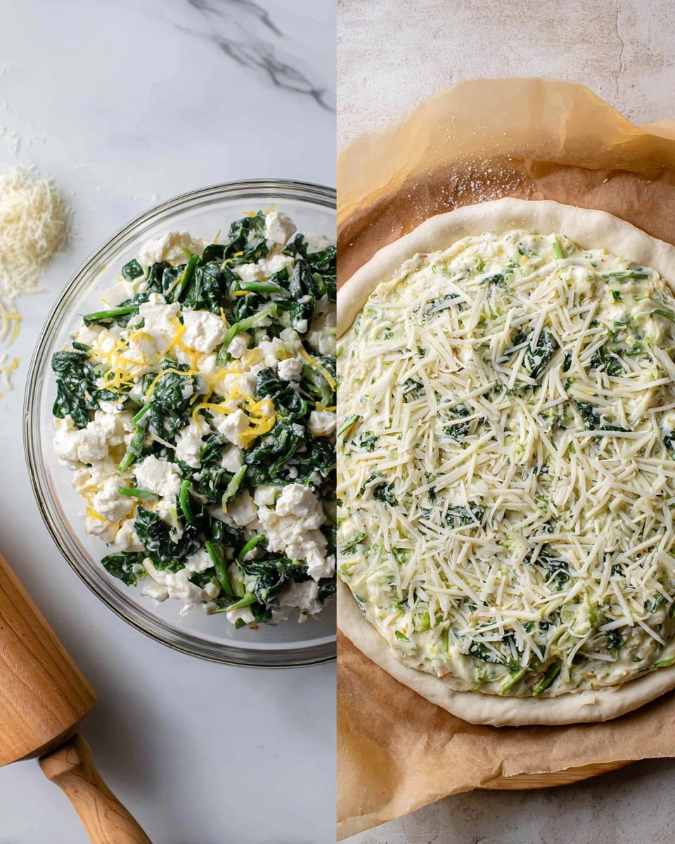 The image shows two side-by-side scenes: on the left, a clear glass bowl with a mix of white creamy cheese, chopped green spinach, and a bit of yellow lemon zest sitting on a white marbled surface with a wooden rolling pin and chopped spinach nearby; on the right, a round pizza on brown parchment paper layered with a creamy white spinach and cheese mixture spread evenly, with a woman's hand sprinkling shredded white cheese on top, all set on the same white marbled texture surface. photo taken with an iphone --ar 4:5 --v 7