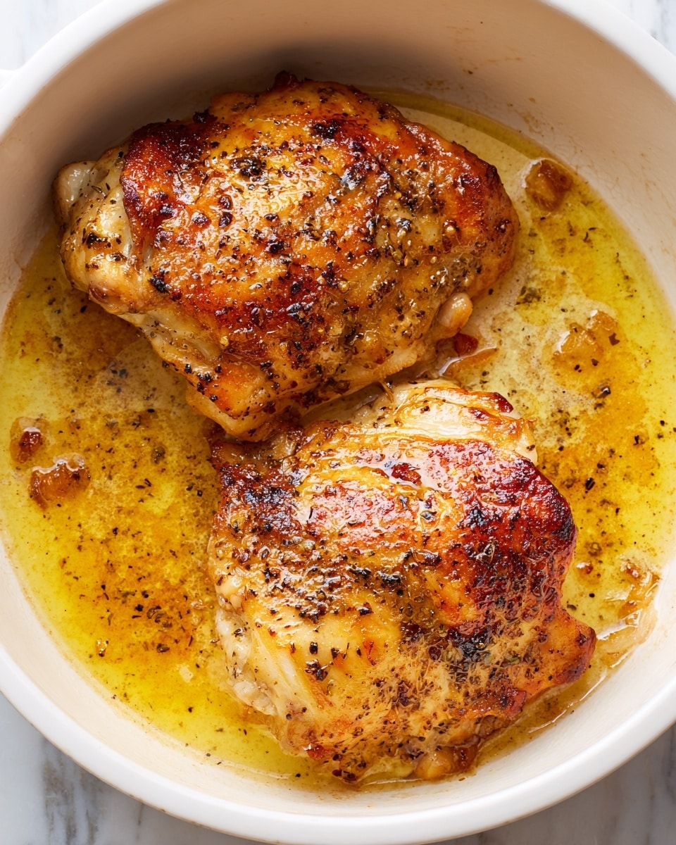 Two cooked chicken pieces with a golden brown color and a slightly shiny, moist surface lie in a white pot filled with yellowish cooking oil and small browned bits. The chicken pieces have small black specks of seasoning and some light browning on the edges. The pot is placed on a white marbled surface. Photo taken with an iphone --ar 4:5 --v 7