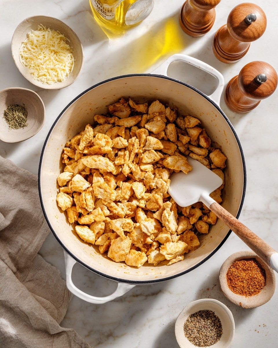 A white pot with black handles holds a single layer of small, light golden brown cooked chicken pieces scattered evenly inside. A white spatula with a wooden handle rests inside the pot near the edge, mixing or stirring the chicken. Around the pot, on a white marbled surface, are small bowls with grated cheese, garlic, and spices, along with a pair of wooden salt and pepper mills, and a bottle of olive oil visible from above. The scene is well-lit with soft, natural light. photo taken with an iphone --ar 4:5 --v 7
