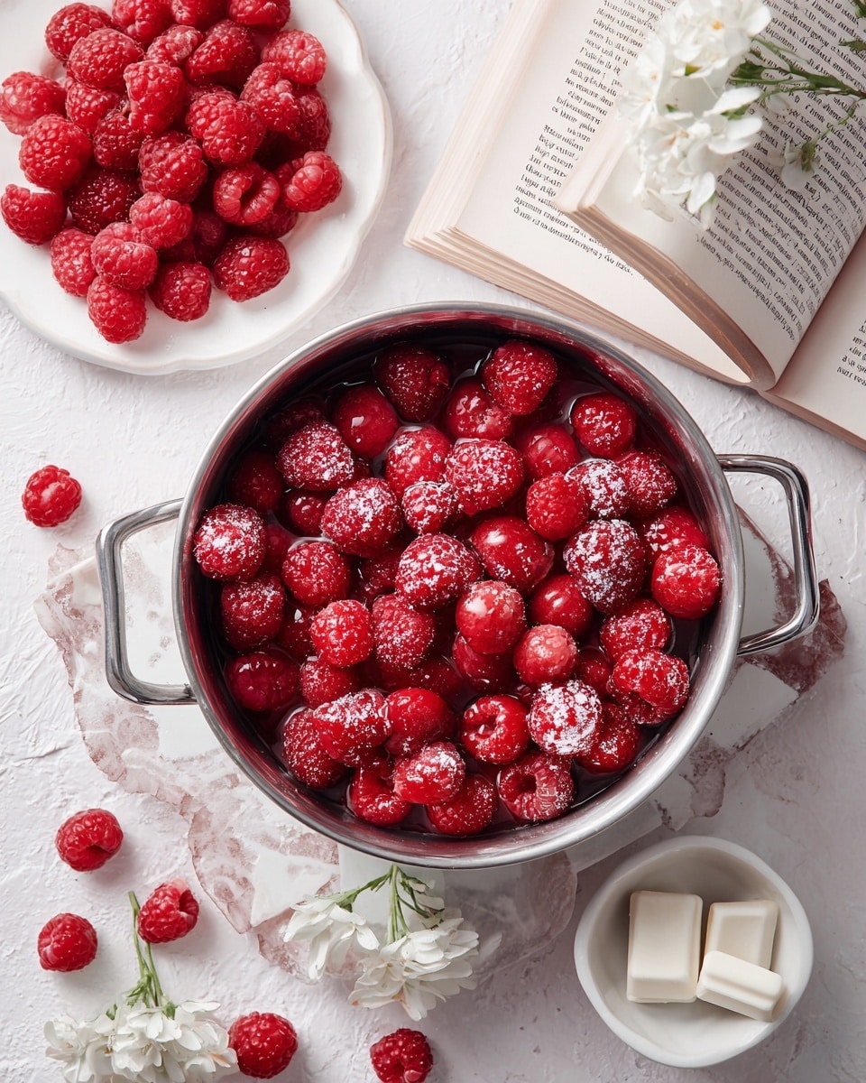 A silver metal pot filled with a layer of bright red frozen raspberries, some with a light frost coating, sits on a white marbled textured surface. To the top left, there is a white plate piled with fresh red raspberries, and scattered raspberries lie nearby on the surface. Near the top right, an open book rests with a small white bowl on top, holding small rectangular white pieces, likely sugar or candy, with a single raspberry and a white flower placed beside the bowl on the book’s pages. photo taken with an iphone --ar 4:5 --v 7