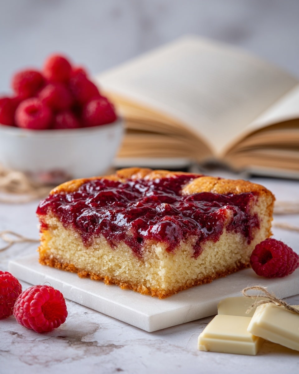 The image shows a square-shaped cake layer with a golden-brown crust. On top, there is a thick, uneven layer of deep red raspberry jam spreading fully across the surface, with visible darker spots where the jam pools. Around the cake, on a white marbled texture, there are white chocolate pieces placed on an open book, some fresh red raspberries scattered nearby, and a white bowl full of fresh raspberries tied with a piece of string. The overall scene is softly lit with natural light. photo taken with an iphone --ar 4:5 --v 7