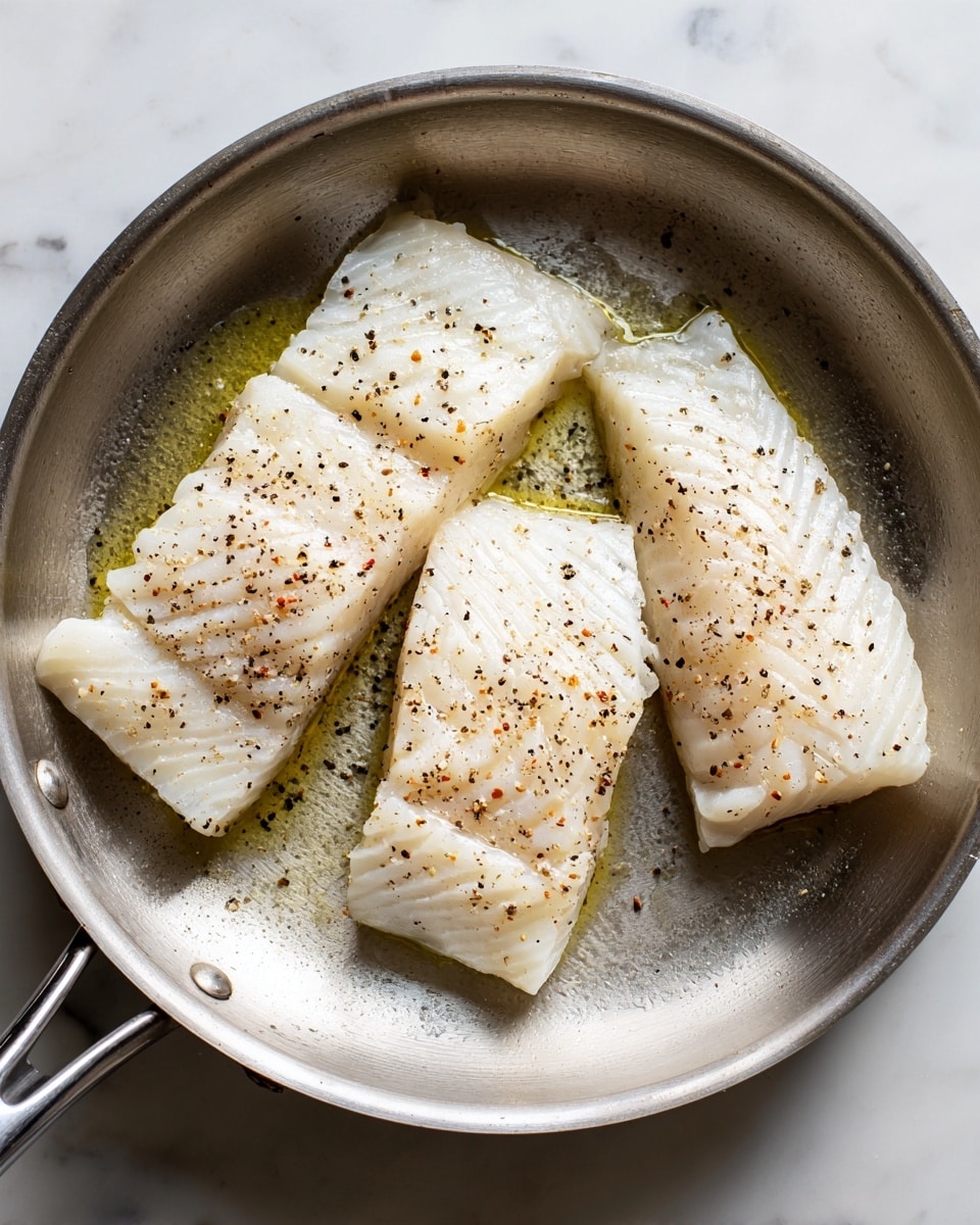 Three pieces of white fish fillets lie in a silver pan. Each fillet is topped with a light layer of black pepper and salt, showing a soft texture with a slight shine from the cooking oil. The fillets are arranged close together, with the largest piece in the front and two smaller ones behind it. The pan rests on a white marbled surface, and the overall scene looks fresh and simple, with subtle shadows around the pan edges. photo taken with an iphone --ar 4:5 --v 7