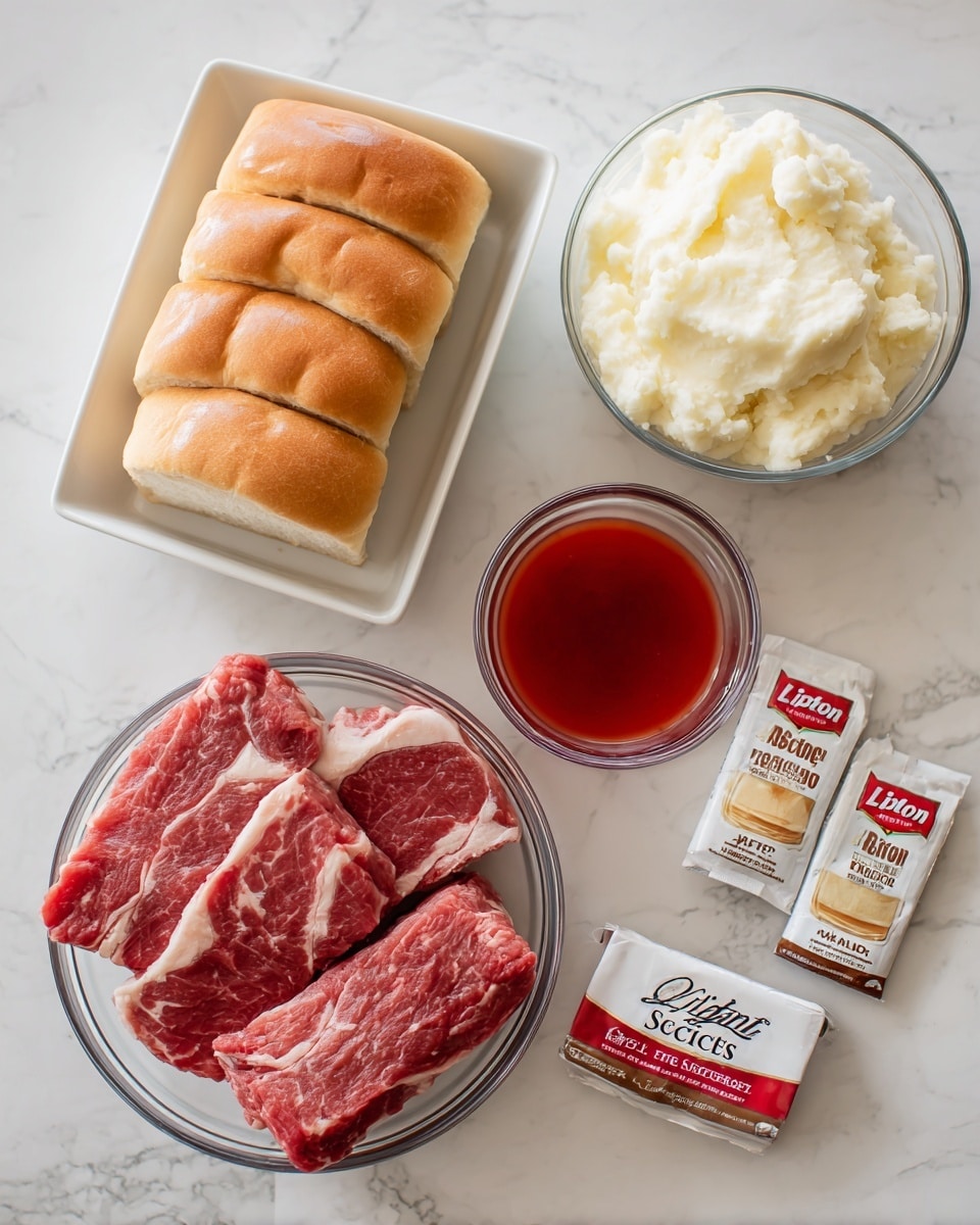 The image shows six thick slices of light golden bread stacked inside a white square bowl in the top left corner, a clear glass measuring cup filled with creamy white mashed potatoes on the top right, a small clear glass bowl with bright red liquid in the bottom left, and a clear glass bowl with five pieces of well-marbled raw red meat with white fat layered inside it in the bottom center. Next to the meat bowl on the right side are two small seasoning packets, one white labeled