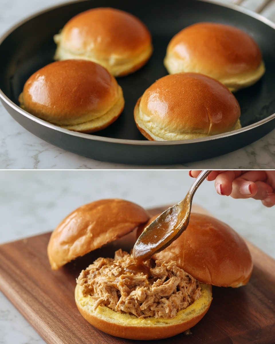 The top image shows three shiny, golden brown sandwich buns on a black pan with a white marbled background, one bun is open-faced showing a toasted yellow inside. The bottom image shows a woman's hand holding the bottom part of the sandwich bun topped with a thick layer of chunky, brown, creamy chicken filling on a wooden surface with a white marbled background, while a rich, thick sauce is being spooned over the filling. Photo taken with an iphone --ar 4:5 --v 7