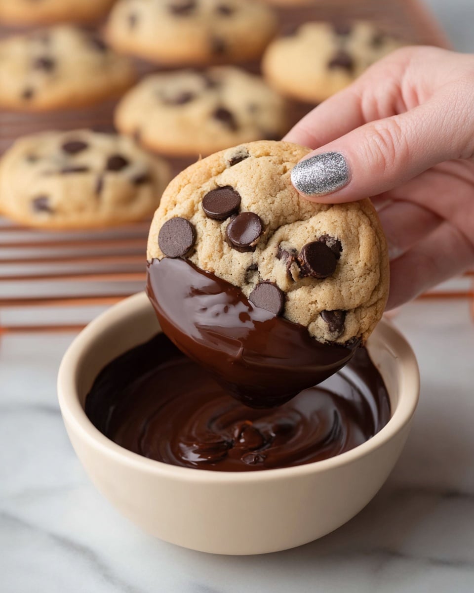 A close-up image of a chocolate chip cookie partly dipped in smooth dark chocolate inside a white bowl filled with the chocolate. The cookie is light golden brown with dark chocolate chips visible on top, held by a woman's hand with sparkly silver nail polish on the thumb. In the background, more similar cookies are resting on a copper cooling rack over a white marbled surface. The dark chocolate in the bowl is shiny and thick, covering about half of the cookie’s bottom edge. photo taken with an iphone --ar 4:5 --v 7