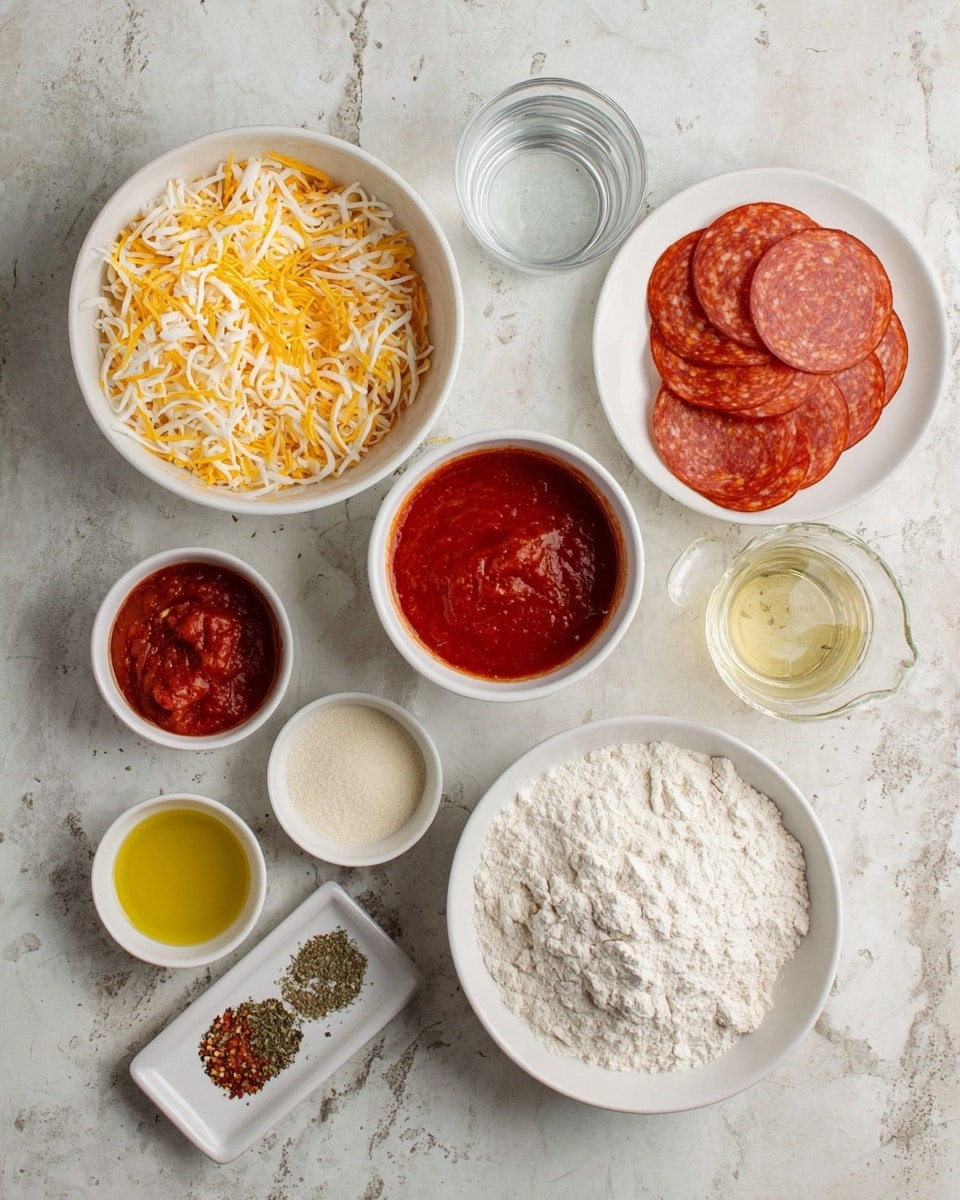 A top view of several small white bowls and a clear measuring cup arranged on a white marbled surface. One large white bowl holds a mix of shredded yellow and white cheese, positioned top left. Next to it is a smaller white bowl with red tomato sauce, and to the right is a clear glass measuring cup with water. To the right center, a white plate holds neatly arranged slices of red pepperoni in overlapping layers. Below the cheese bowl is a large white bowl filled with white flour. Small white bowls of salt, golden olive oil, and beige dry yeast, along with a small white ceramic tray holding dried herbs and red chili flakes, are scattered around in the remaining spaces. The colors range from red, yellow, white, and brown tones against the clean white marbled background. photo taken with an iphone --ar 4:5 --v 7