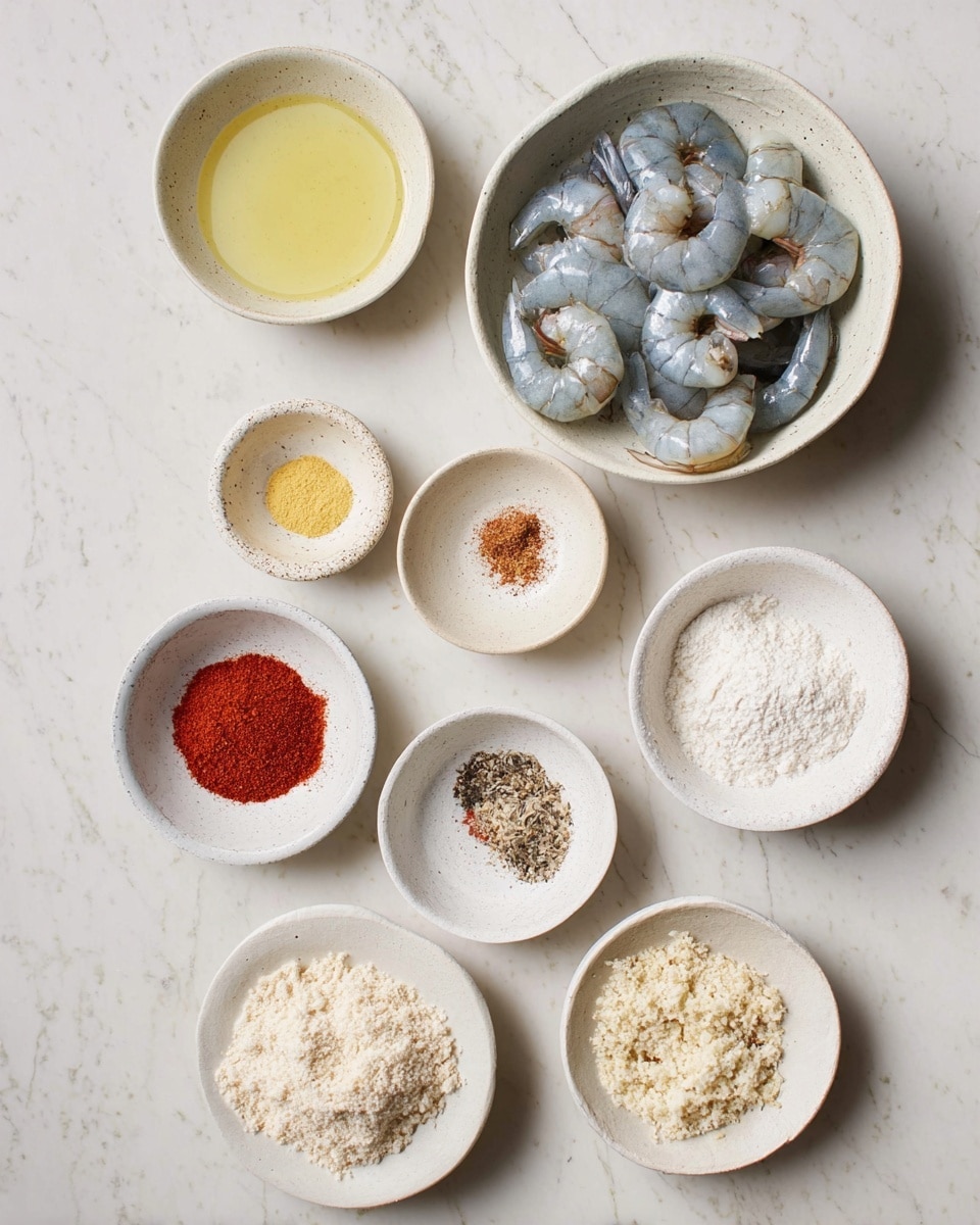 The image shows a top-down view of nine small white bowls with different ingredients placed on a white marbled surface. At the top right is a bowl filled with raw shrimp, which are grey and slightly translucent. To its left, a bowl holds a pale yellow liquid, likely oil. Below these are seven small bowls arranged loosely: one contains fine yellow powder, another has bright red powder, and a third has a mix of white salt and black pepper. Another bowl has a heap of light beige panko breadcrumbs, and next to it is a bowl with white flour. The remaining two bowls hold small amounts of different spices, one brownish-red and the other pale yellow. The bowls vary slightly in shape and design but are mostly round with white tones. Photo taken with an iphone --ar 4:5 --v 7
