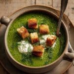 Spanakopita Soup with Puff Pastry Croutons Recipe