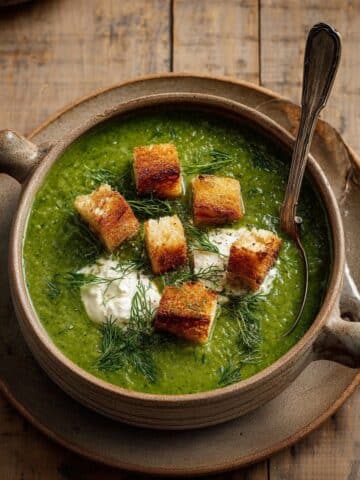 Spanakopita Soup with Puff Pastry Croutons Recipe