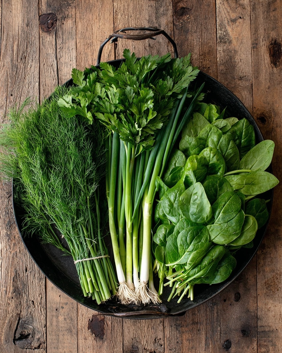 A round black metal tray with two small handles holds five neat bundles of fresh green herbs arranged side by side. From left to right, there is a bundle of feathery dill with delicate fine leaves, followed by a group of long green onions with white bulb ends lying at the bottom. Next is a bunch of flat-leaf parsley with bright green, jagged leaves, and beside it, several leafy spinach stems with oval-shaped dark green leaves sit close together on the right edge of the tray. The tray is placed on a wooden surface with visible grain and knots. photo taken with an iphone --ar 4:5 --v 7