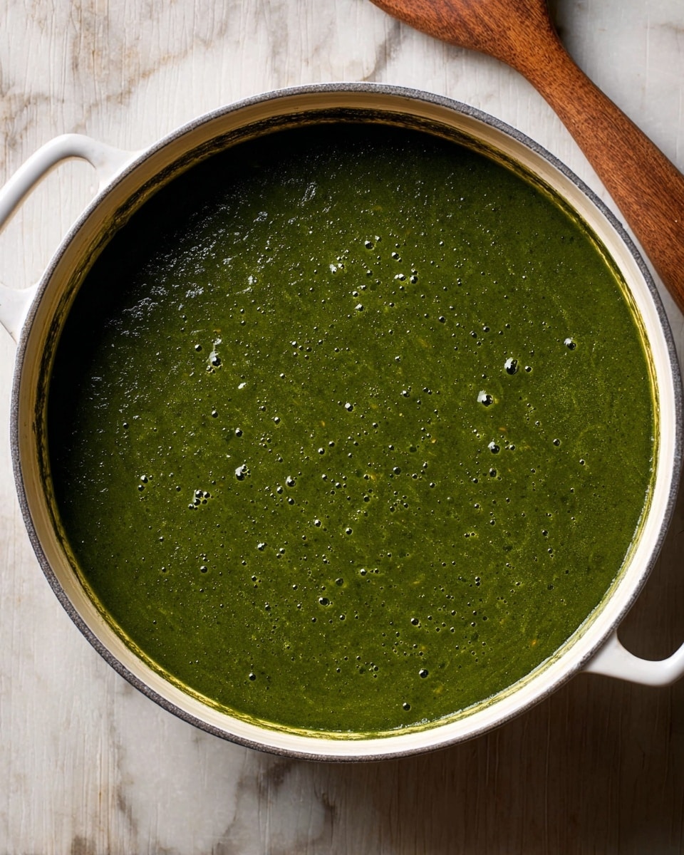 A close-up top view of a round white pot filled with thick, dark green soup with a smooth texture and small bubbles on the surface. The pot has two handles visible at the sides, one on the left and a small part of the other on the right. The pot sits on a white marbled surface, and a wooden spoon is partially visible near the top right corner. photo taken with an iphone --ar 4:5 --v 7