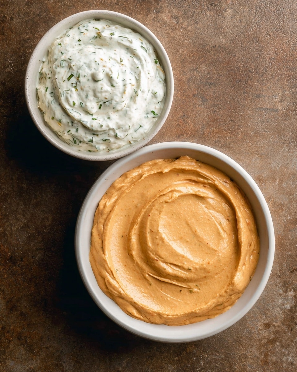 The image shows two white bowls placed on a brown surface. The larger bowl in the front contains a smooth, thick dip with a light orange color, swirled gently on top giving it a creamy texture. The smaller bowl behind it holds a white creamy dip mixed with green herbs, giving it a speckled appearance with a soft, creamy texture. Both dips have subtle swirls on their surface showing they were recently stirred. Photo taken with an iphone --ar 4:5 --v 7