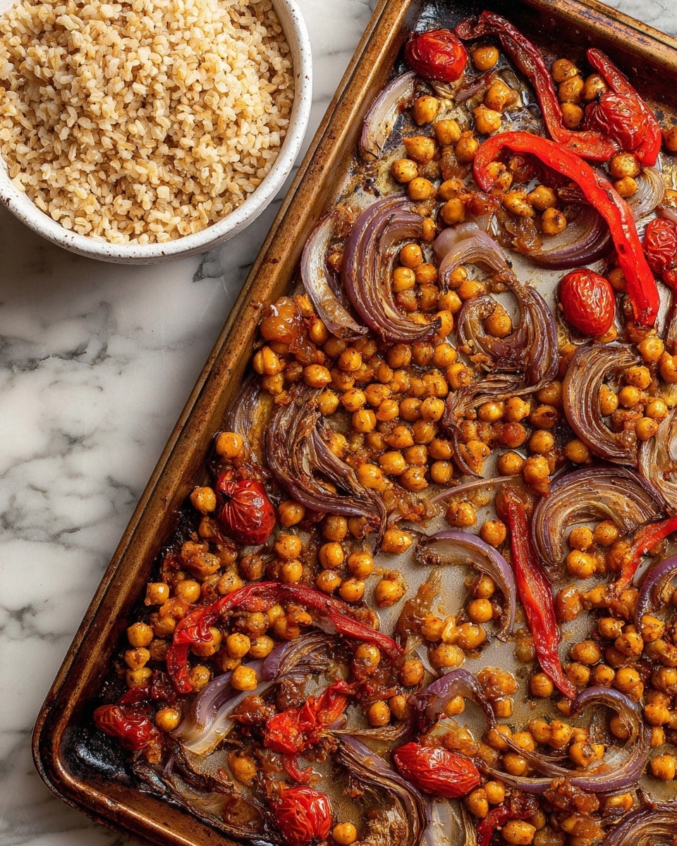 A baking sheet filled with one main layer of roasted chickpeas, cherry tomatoes, red bell pepper strips, and sliced red onions. The chickpeas are golden brown and scattered unevenly across the sheet. The cherry tomatoes are blistered and shriveled, with some darker roasted spots. The red bell pepper strips are softened and slightly caramelized, mixed in with thin slices of cooked purple-red onion that have a translucent, lightly browned texture. At the top left corner, there is a white bowl with cooked brown rice, showing a smooth and grainy texture against a white marbled surface background. Photo taken with an iphone --ar 4:5 --v 7