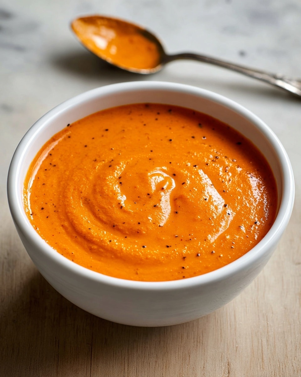 A white bowl filled with a thick, smooth orange sauce that has a slightly textured surface and small black specks throughout. The sauce creates gentle swirls on top, showing its creamy consistency. Behind the bowl, a silver spoon holds a small amount of the same orange sauce. The bowl and spoon are placed on a white marbled surface that contrasts with the sauce's vibrant color. photo taken with an iphone --ar 4:5 --v 7