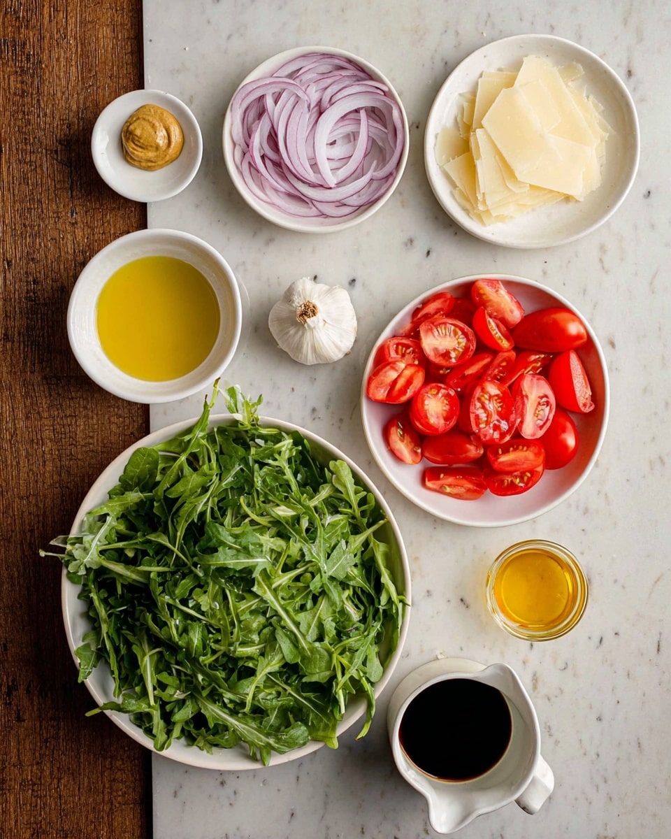 The image shows several small white bowls arranged on a white marbled surface. One bowl is filled with fresh, green arugula leaves, another bowl holds bright red cherry tomatoes cut in halves, and a third bowl contains thin slices of pale parmesan cheese. There is also a small white bowl with thinly sliced purple onions near the top left. Nearby, a small white bowl has a dollop of light brown mustard, and another holds golden olive oil. A clove of garlic rests next to the mustard, and a small dish has a small amount of honey-colored liquid. At the bottom, a small white pitcher contains dark balsamic vinegar. The overall setup is neat and colorful with a mix of fresh vegetables, condiments, and oils. photo taken with an iphone --ar 4:5 --v 7