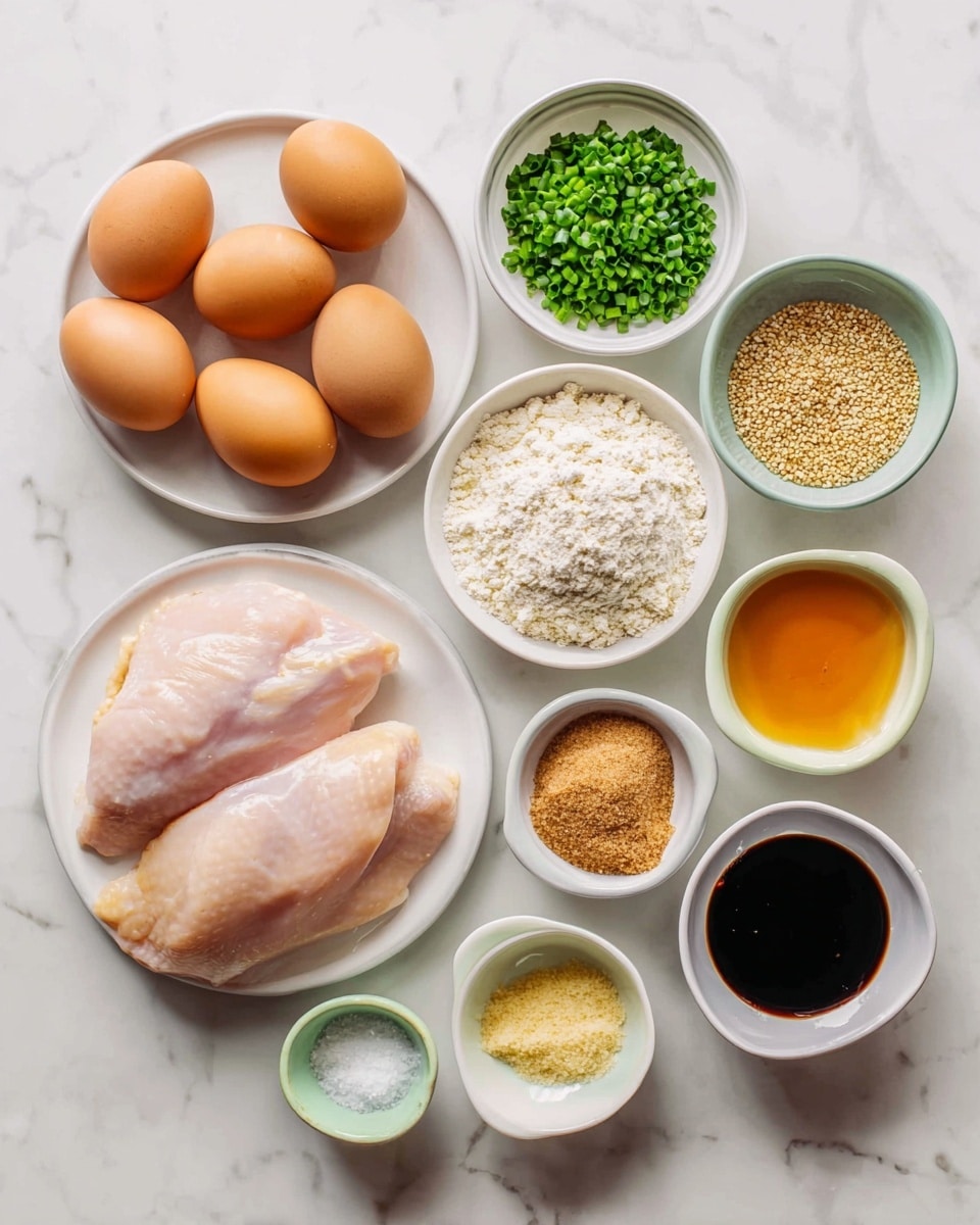 The image shows a flat top view of ingredients neatly placed on a white marbled surface. There are two pieces of pale pink raw chicken on a white round plate placed near the upper center. To the left are three brown eggs grouped together next to small white bowls containing green chopped chives, a mix of light brown and white powders, sesame seeds, flour, and a white powder. To the right of the chicken plate, there are several small white and pastel-colored bowls filled with dark brown soy sauce, orange honey-like liquid, chopped light yellow garlic, and light yellow vinegar, along with a small bowl containing brown sugar. Everything is arranged carefully in a semi-circle shape around the chicken. Photo taken with an iphone --ar 4:5 --v 7