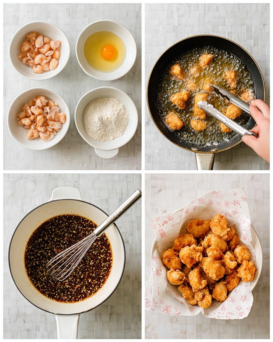 The image shows four stages of making fried chicken pieces. The top left part has four white bowls: the first bowl holds small raw chicken pieces, the second contains beaten eggs with chicken pieces soaking in it, the third bowl has flour with chicken pieces being coated by a woman's hand using tongs, and the fourth bowl is empty but has some coated chicken pieces on the side. The top right part shows a black frying pan with bubbling hot oil frying battered chicken pieces, which are starting to turn golden brown. The bottom left shows a white saucepan with a dark brown sauce with visible bits of garlic or seeds and a small whisk inside. The bottom right shows cooked fried chicken pieces with a deep golden brown color placed on white paper towels in a white bowl, ready to be served. The background is a white marbled surface with a soft pattern. Photo taken with an iphone --ar 4:5 --v 7