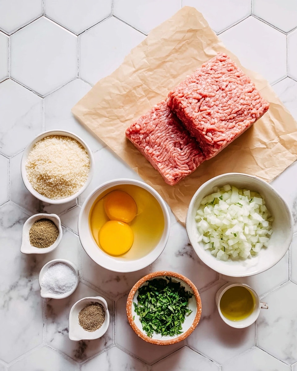 The image shows ingredients arranged on a white marbled hexagon-tiled surface. At the top center, there are two blocks of raw ground meat, one light pink and the other a deeper red, placed on brown paper. Surrounding the meat are several small bowls and dishes: a white bowl with beaten yellow eggs sits just below the meat; next to it on the right is a white bowl filled with finely chopped white onions; below that, a white bowl with a reddish-brown exterior holds light-colored breadcrumbs. On the left side, a small white dish contains piles of white salt, black pepper, light brown garlic powder, and beige seasoning. Below it is a small brown bowl filled with chopped green herbs. To the right of the herb bowl is a small white cup with a golden liquid, likely oil. The setup looks clean with natural lighting, photo taken with an iphone --ar 4:5 --v 7
