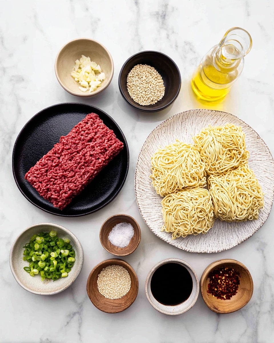 The image shows raw ingredients arranged neatly on a white marbled surface. There are three blocks of light yellow dried noodles on a white textured bowl on the right side. To their left, a black plate holds a rectangular pack of red raw ground meat with a textured surface. Surrounding these are small bowls with various ingredients: a beige bowl with chopped white garlic at the top left, a small black bowl with minced yellow ginger at the top right, a wooden bowl with light brown sesame seeds, a beige bowl with chopped green onions, two bowls with dark brown and black liquids, a beige dish with white powder, a small black bowl with red chili flakes, and a tall glass container with a yellow liquid and dropper at the bottom left. All bowls and plates have a clean look and are placed on the white marbled background. photo taken with an iphone --ar 4:5 --v 7
