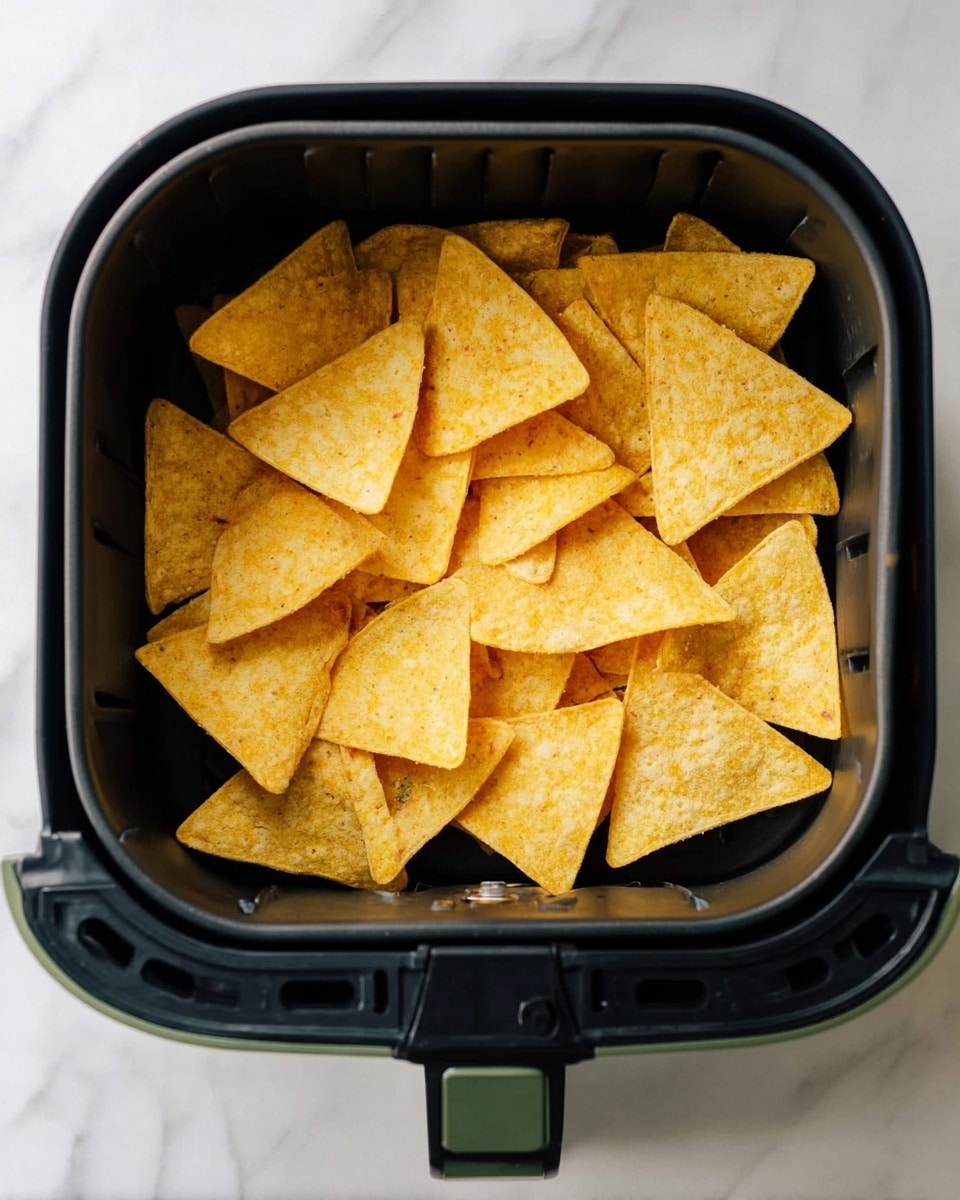 The image shows a black air fryer basket with many triangular yellow tortilla chips layered flat inside. The chips have a slightly rough and uneven texture with a matte finish. The basket is placed on a white marbled surface, surrounding the air fryer. photo taken with an iphone --ar 4:5 --v 7