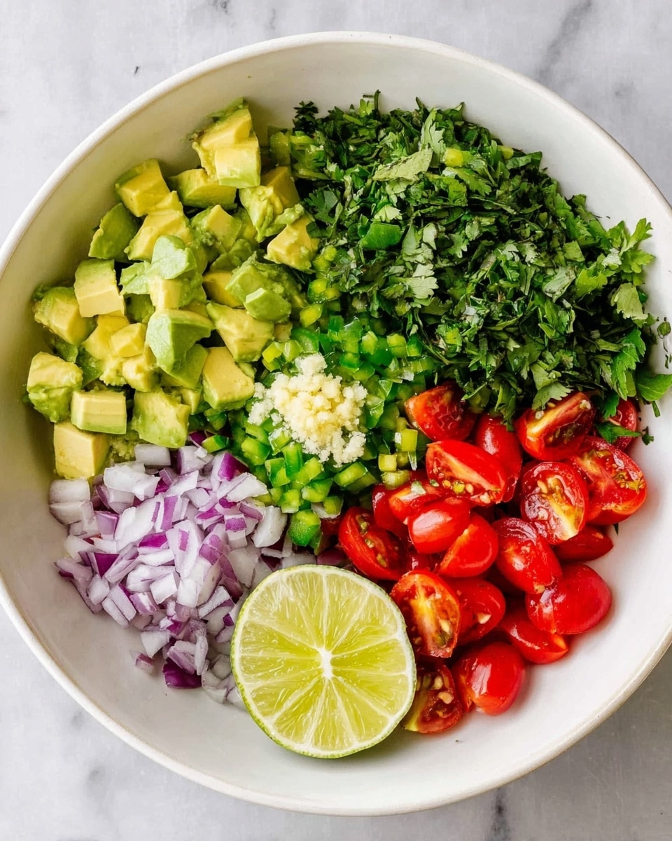 A white bowl filled with six sections of fresh ingredients arranged in a circle. Starting from the top left, there are light green diced avocado pieces with a creamy texture, next to finely chopped dark green cilantro leaves. On the top right, small bright green chopped peppers sit beside vibrant red cherry tomato halves. Below the tomatoes, there is a juicy, squeezed lime half showing its inner flesh. On the bottom left, finely chopped purple onion pieces are next to a small pile of minced pale yellow garlic, all set against the white marbled surface background. photo taken with an iphone --ar 4:5 --v 7