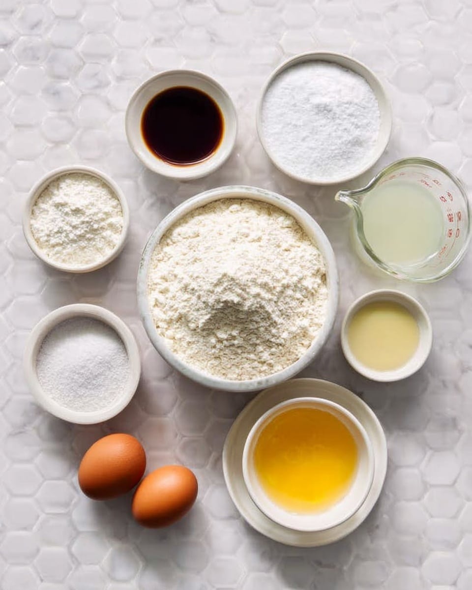 The image shows a top view of several small bowls and containers arranged on a white marbled texture. In the center is a bowl filled with white flour. Surrounding it are smaller white bowls with white sugar, white powder, and salt. There is a small white bowl with a dark brown liquid, likely vanilla extract. A clear glass measuring cup holds a pale liquid, possibly milk. A small white bowl contains melted yellow liquid, which looks like butter or eggs. Nearby is a white plate with two brown eggs. All containers are arranged neatly, showing the ingredients for baking. Photo taken with an iphone --ar 4:5 --v 7