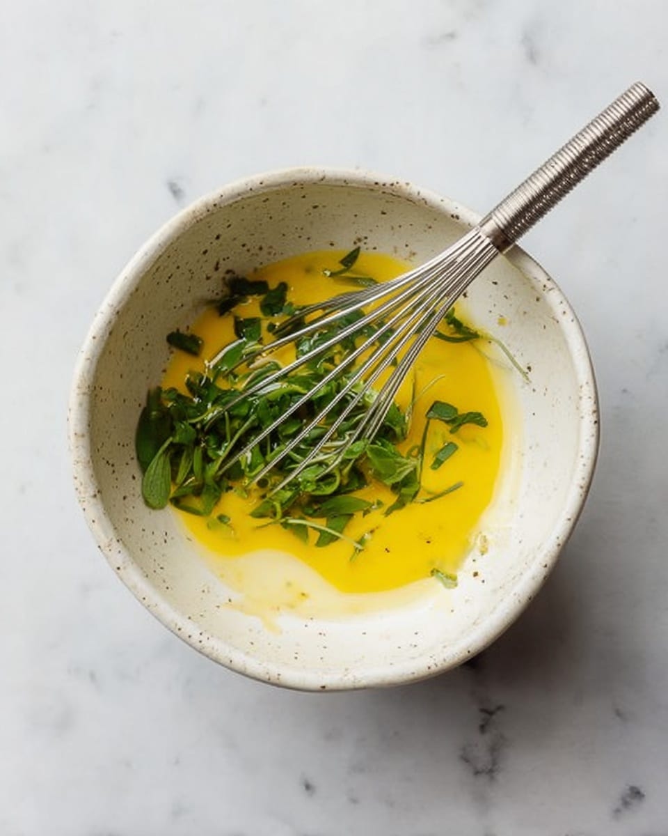 A white speckled bowl sits on a white marbled surface, filled with three layers: a smooth, yellow mustard paste at the bottom, a shiny light yellow oil layer in the middle, and fresh green herb leaves scattered on top. A slim silver whisk rests inside the bowl, its handle extending out to the right. photo taken with an iphone --ar 4:5 --v 7