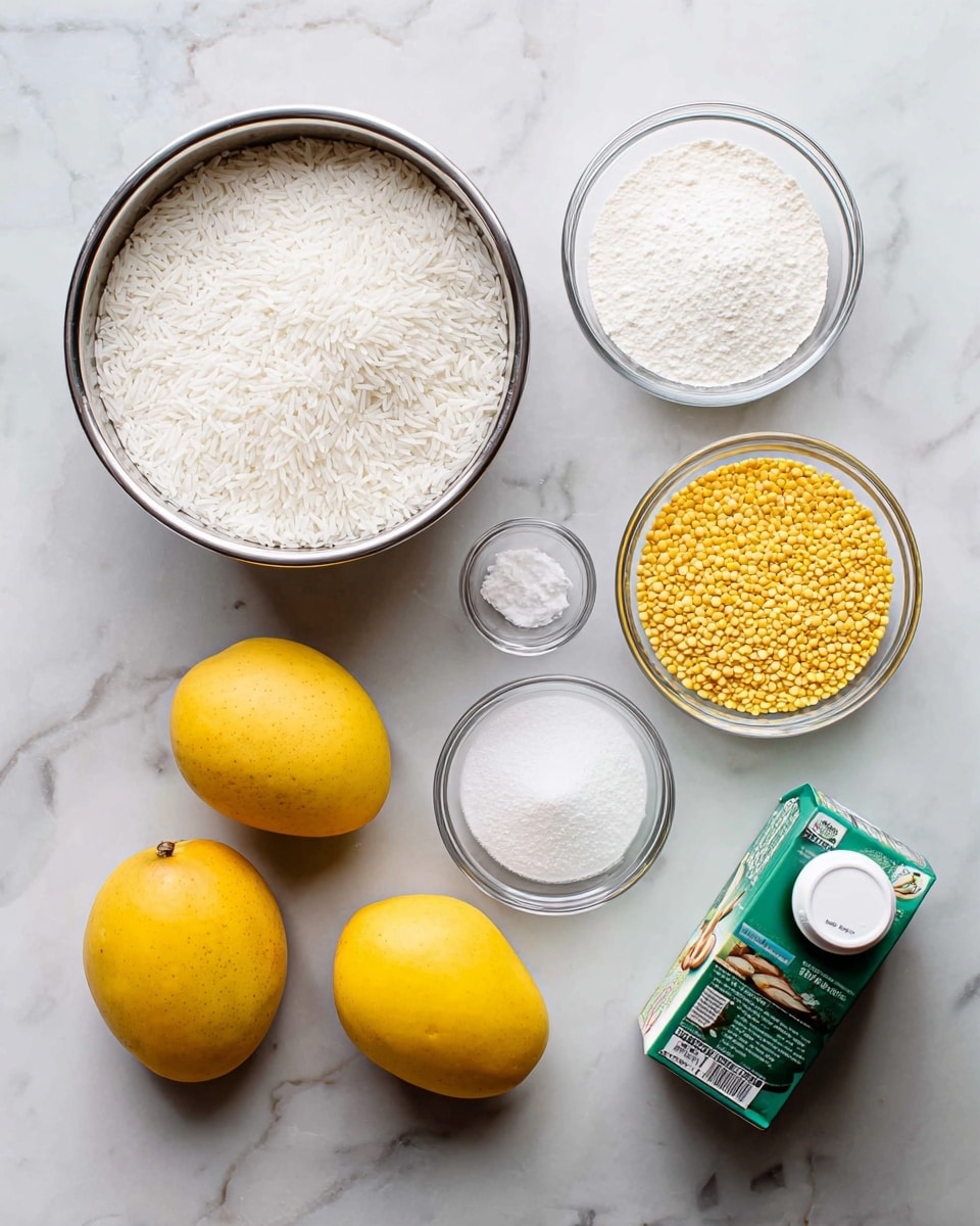 The image shows ingredients arranged neatly on a white marbled surface. There is a large silver bowl filled with white rice positioned at the top left. To the right, there are three smaller clear glass bowls holding white powders and yellow split lentils. Below these, there is a small white bowl with salt, and next to it, another large silver bowl filled with white sugar. Four ripe yellow mangoes are placed below the rice bowl. At the bottom right, there is a green carton of coconut milk lying flat. The overall setup is clean and simple with a balanced layout. photo taken with an iphone --ar 4:5 --v 7
