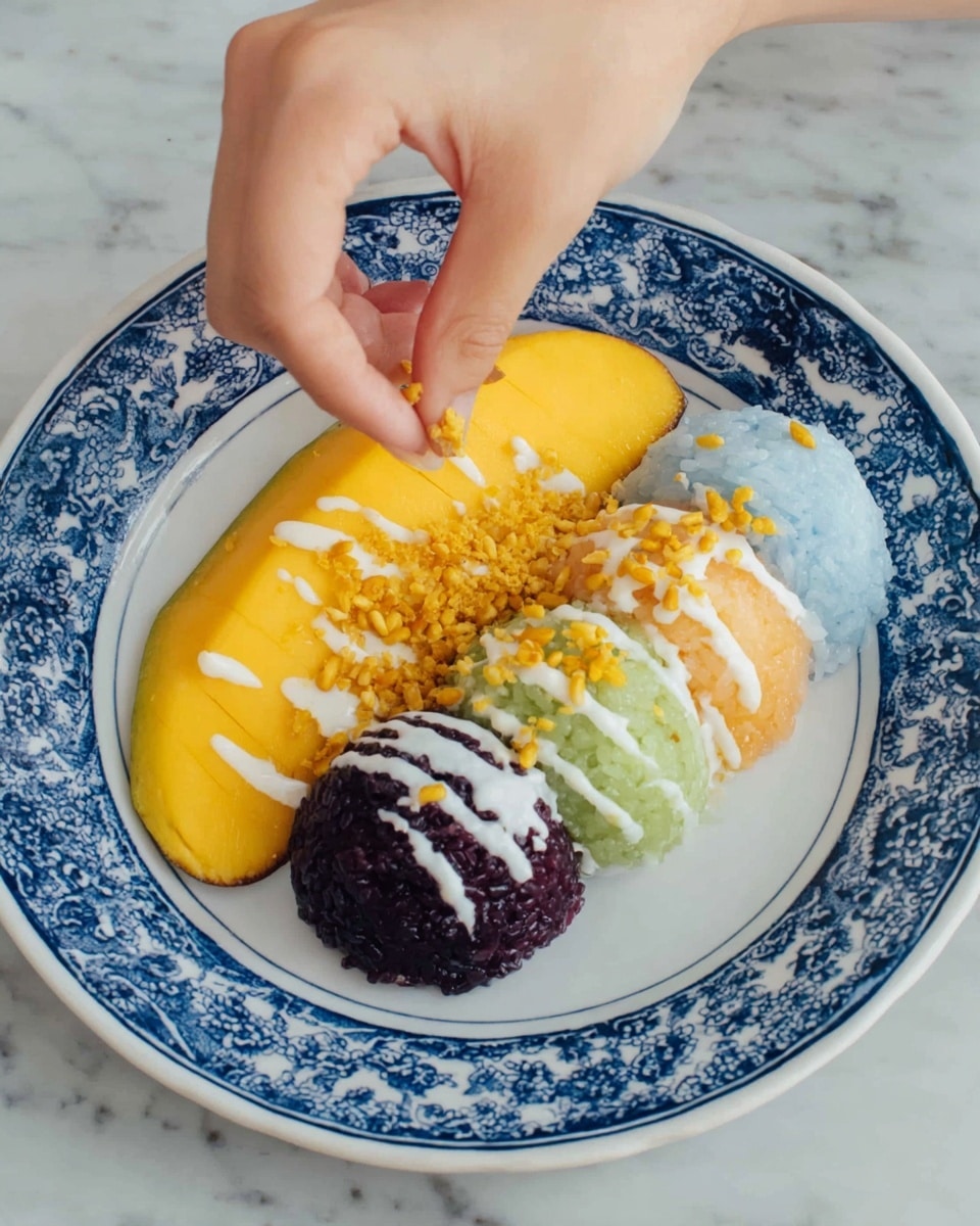 A dark gray bowl holds a bright dish with one side showing a sliced orange-yellow mango, glossy and smooth with clear cuts. Next to the mango, six small mounds of sticky rice are arranged in a line, each a different vivid color: light purple, white, yellow, dark purple, light blue, green, and red. Each mound is topped with light brown toasted sesame seeds. A gold fork rests inside the bowl near the mango. The bowl sits on a white marbled surface with some green leaves in the top right corner. photo taken with an iphone --ar 4:5 --v 7