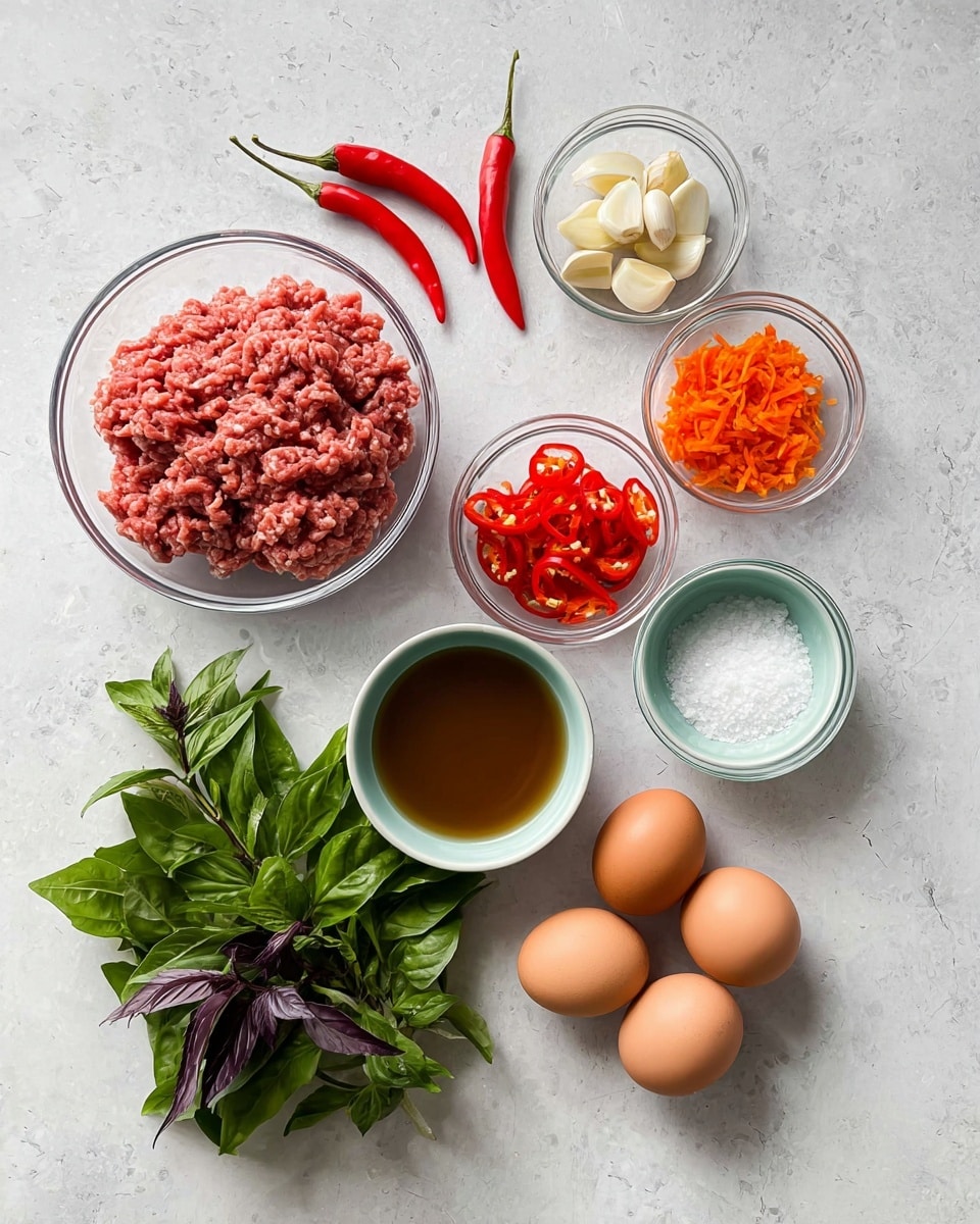 The image shows various ingredients placed neatly on a white marbled surface. At the top left, there is a clear glass bowl filled with raw ground meat, pinkish in color and textured. Next to it are two red chili peppers, smooth and shiny. Below the meat, there is a small glass bowl containing peeled garlic cloves that are white and smooth. To the right of the garlic, two small clear glass bowls hold chopped orange and red bell peppers, shredded and bright in color. To the right of these bowls, a small white bowl contains a brown liquid, possibly a sauce or broth. Below it, there is a small light blue bowl filled with white granulated salt. At the bottom right, a clear glass bowl holds three whole brown eggs with smooth shells. Finally, at the bottom left, there is a bunch of fresh green leafy herbs with purple stems, likely basil. The whole setup is clean and minimal. photo taken with an iphone --ar 4:5 --v 7