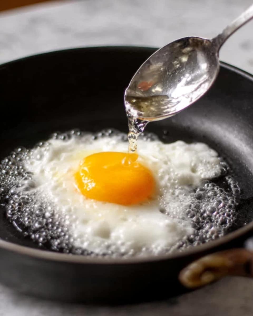 A close-up shot shows a shiny metal spoon pouring clear oil into a black frying pan. Inside the pan, there is one egg being cooked sunny-side up with a bright yellow yolk in the center, surrounded by fluffy white egg whites that are bubbling lightly around the edges. The background is a white marbled surface. photo taken with an iphone --ar 4:5 --v 7