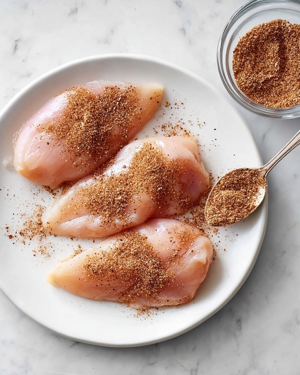 The image shows a white plate on a white marbled surface with three raw chicken fillets spaced apart. Each fillet is topped with some reddish-brown dry spice mix unevenly spread across their smooth, pale pink surfaces. In the top right of the frame, there is a clear glass bowl with more of the same spice mix inside. A spoon in the bottom right corner is gently placing more spice on the chicken fillet closest to it. The colors are soft and natural with a clean, simple look. Photo taken with an iphone --ar 4:5 --v 7