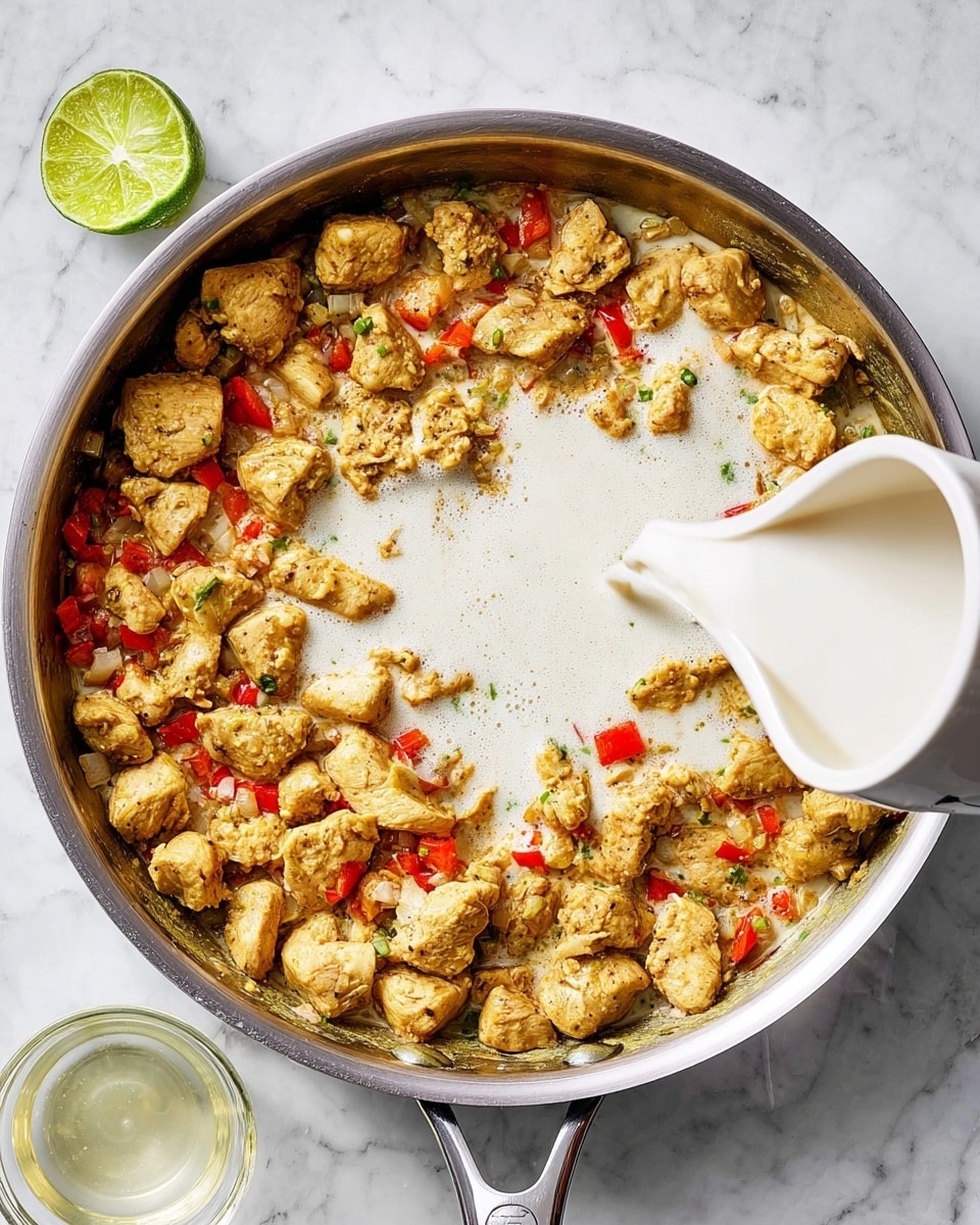 A round silver pan with cooked pieces of golden brown chicken mixed with small diced red bell peppers and onions fills most of the pan, with milk being poured in from a white cup held at the right edge. The chicken pieces are scattered evenly throughout, showing a slightly crispy texture, while the milk creates a light white pool on top of some chicken and vegetables in the middle. The pan rests on a white marbled surface with a halved lime and a small clear bowl containing some liquid placed nearby. photo taken with an iphone --ar 4:5 --v 7