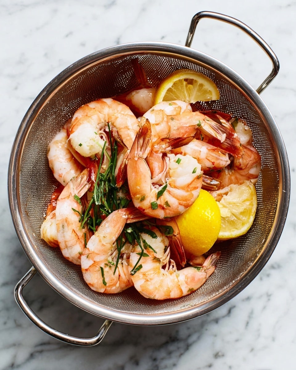 A silver colander filled with cooked shrimp that are pink and white, with their tails still on. Inside the colander, there are also two lemon wedges with bright yellow skin, sprigs of green herbs like parsley and chives, adding freshness and color. The colander sits on a smooth white marbled surface, and the lighting highlights the shiny metal and the fresh look of the shrimp and herbs. photo taken with an iphone --ar 4:5 --v 7