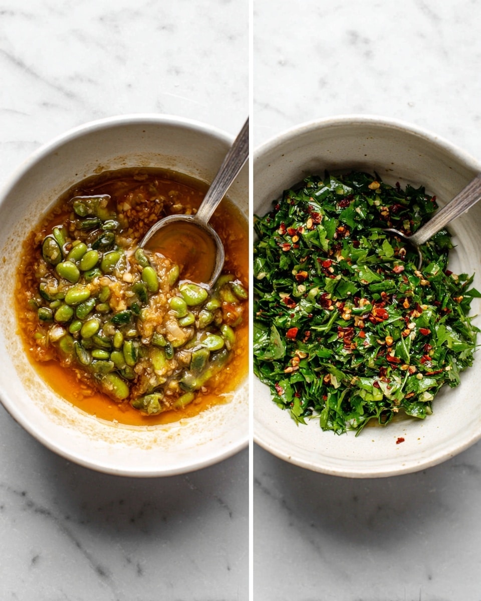 Two side-by-side images show a white bowl on a white marbled surface with a spoon inside each bowl. The bowl on the left has about three layers: the bottom is a light brown oily sauce, the middle is a mix of small green bean pieces and light beige chopped onions, and red chili flakes scattered on top. The bowl on the right shows three layers too: the bottom is the same light brown oily sauce, the middle is chopped green beans, and the top layer is fresh green herbs mixed evenly, with red chili flakes visible. Photo taken with an iphone --ar 4:5 --v 7
