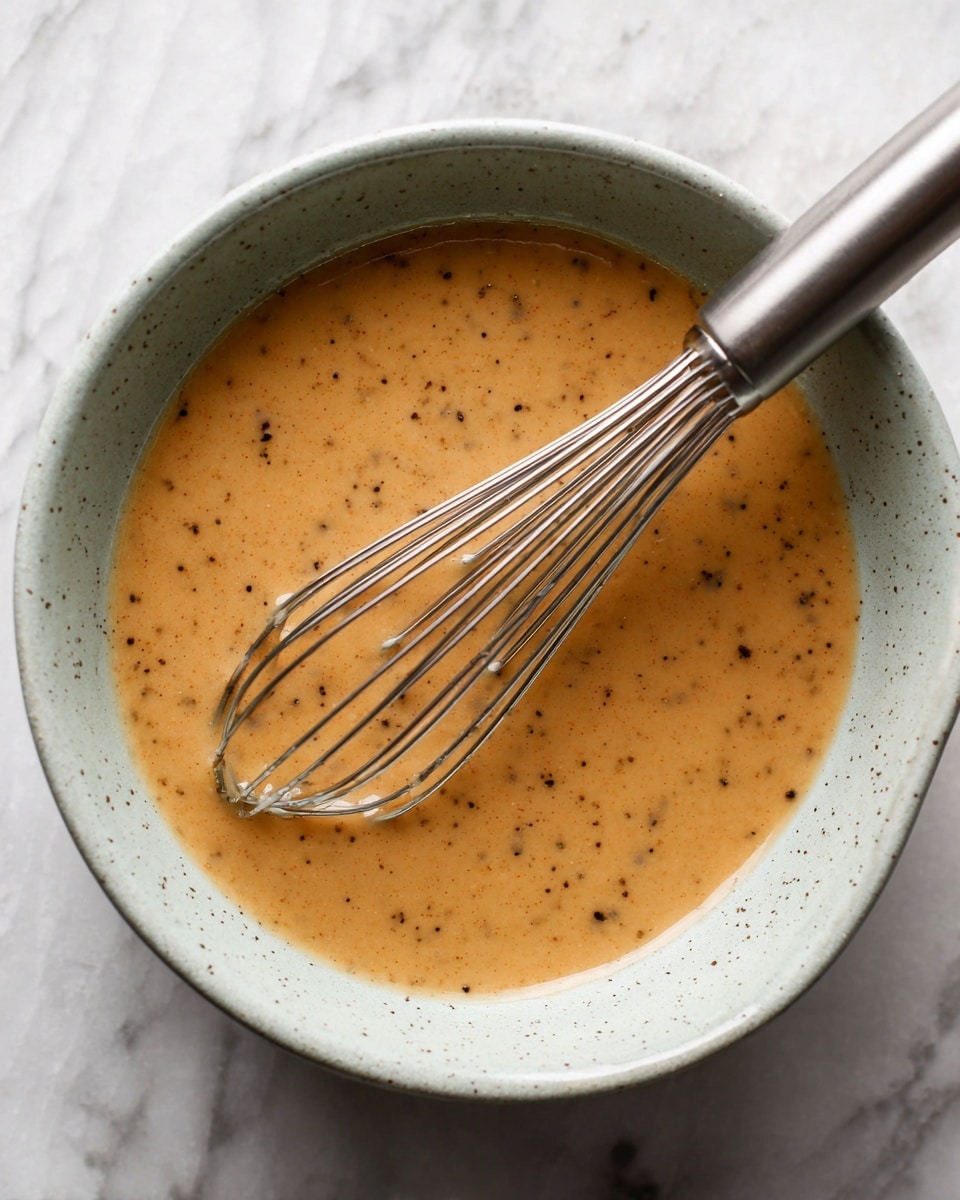 A white bowl filled with a smooth, light brown sauce that has tiny specks of black pepper throughout. A shiny metal whisk rests inside the bowl, partially covered in the sauce, with its handle leaning toward the upper right corner. The bowl sits on a white marbled surface, giving a clean and bright feel to the image. photo taken with an iphone --ar 4:5 --v 7