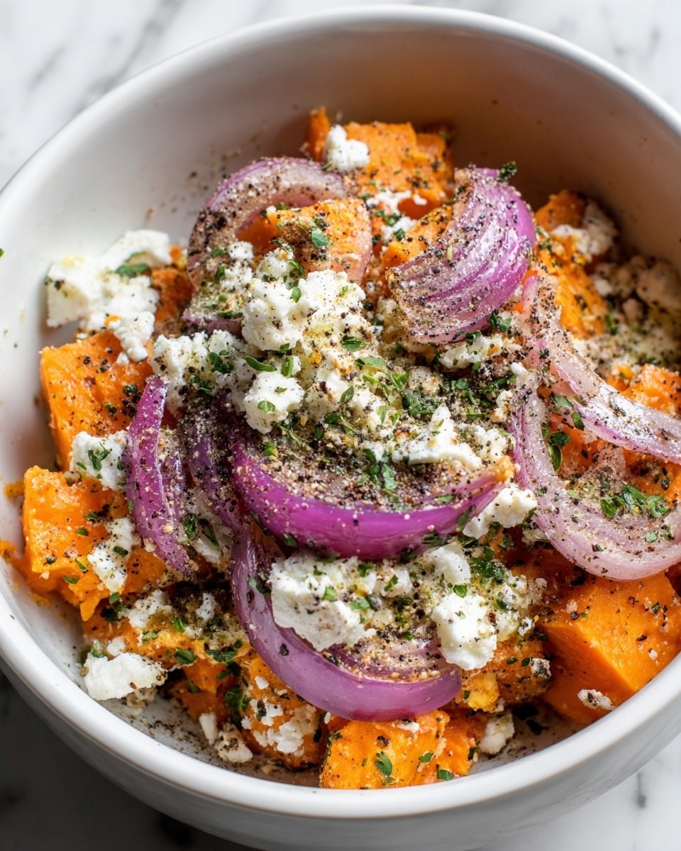 A white bowl filled with chopped orange sweet potatoes at the bottom, sprinkled with white crumbly cheese and green chopped herbs. On top are purple onion wedges, and the whole dish is sprinkled with coarse black pepper. The bowl sits on a white marbled surface, and the colors show a mix of orange, purple, white, and green. Photo taken with an iphone --ar 4:5 --v 7