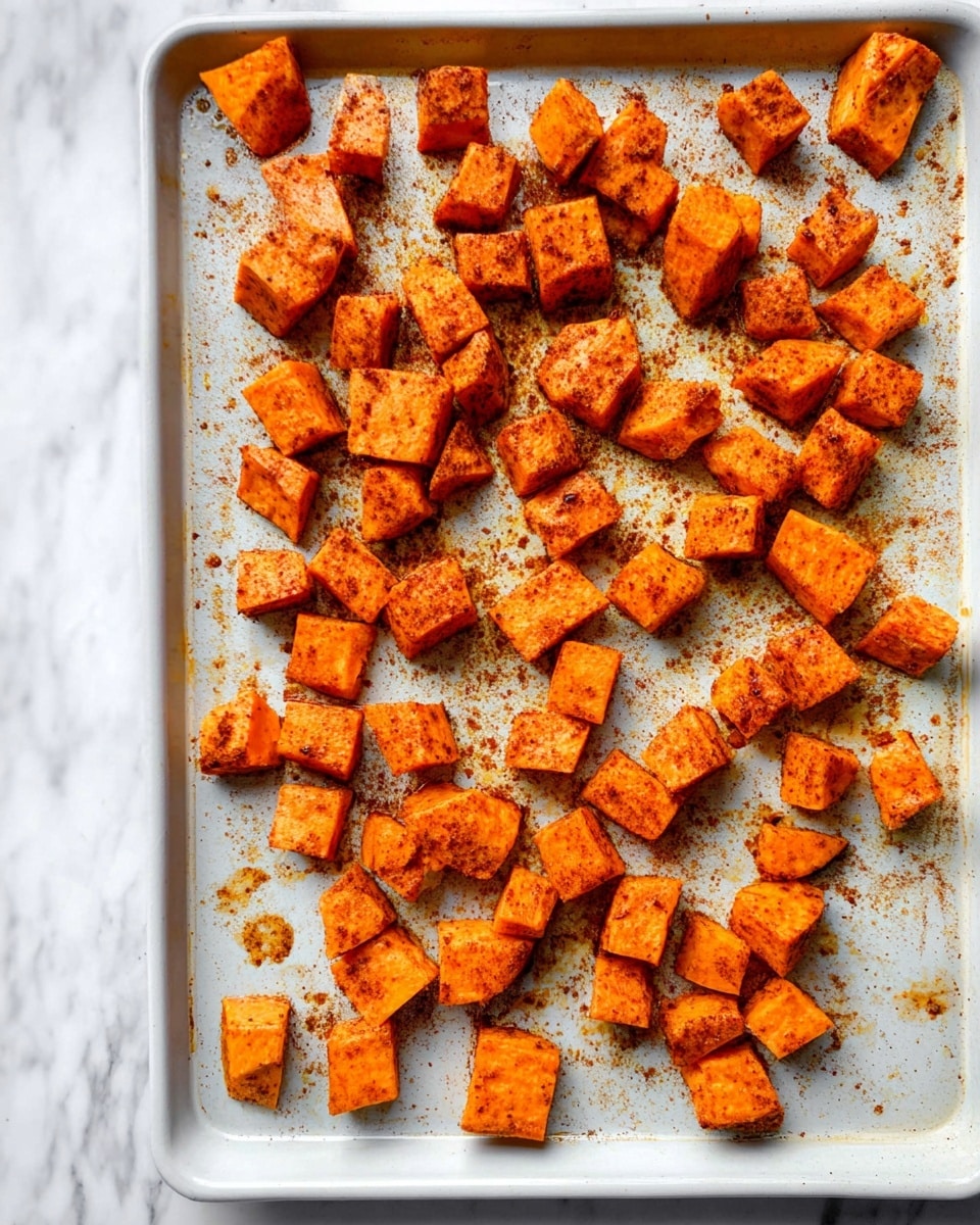 The image shows a white baking tray filled with evenly spread pieces of roasted orange sweet potatoes. Each piece is cut into small cubes or chunks with a slightly rough texture, showing a light coating of spices or seasoning that adds a speckled pattern of darker orange and brown hues. The tray has some scattered seasoning remnants on its surface and is placed on a white marbled background. The lighting highlights the warm tones and crisp edges of the roasted sweet potatoes, creating a simple but appetizing look. Photo taken with an iphone --ar 4:5 --v 7