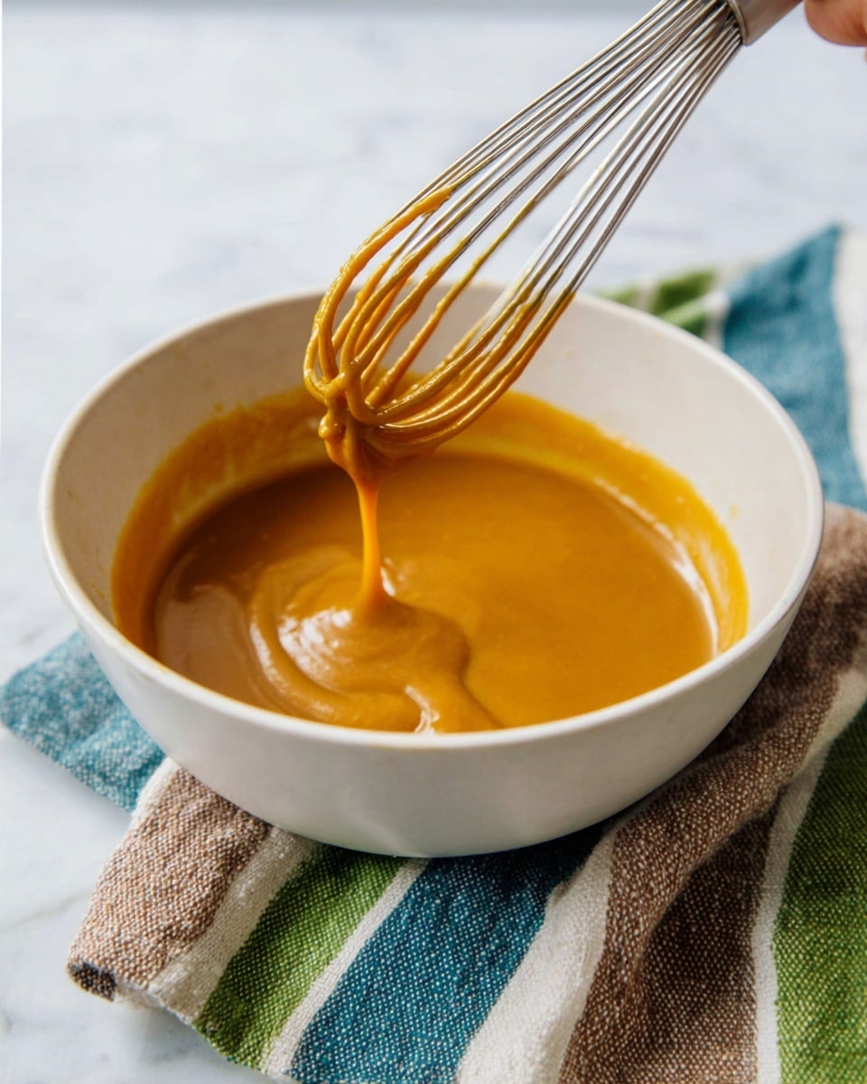 A white bowl filled with thick, smooth orange sauce, inside which a metal whisk is dipped and slightly lifted with sauce dripping from it. Behind the bowl, a striped cloth with green, blue, white, and brown colors is partly visible. A woman's hand is holding the whisk handle on the top right. The bowl sits on a white marbled surface. photo taken with an iphone --ar 4:5 --v 7