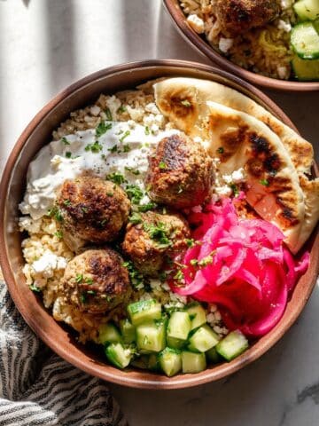 Peperoncino-Feta Turkey Meatballs with Garlic-Za'atar Rice Recipe