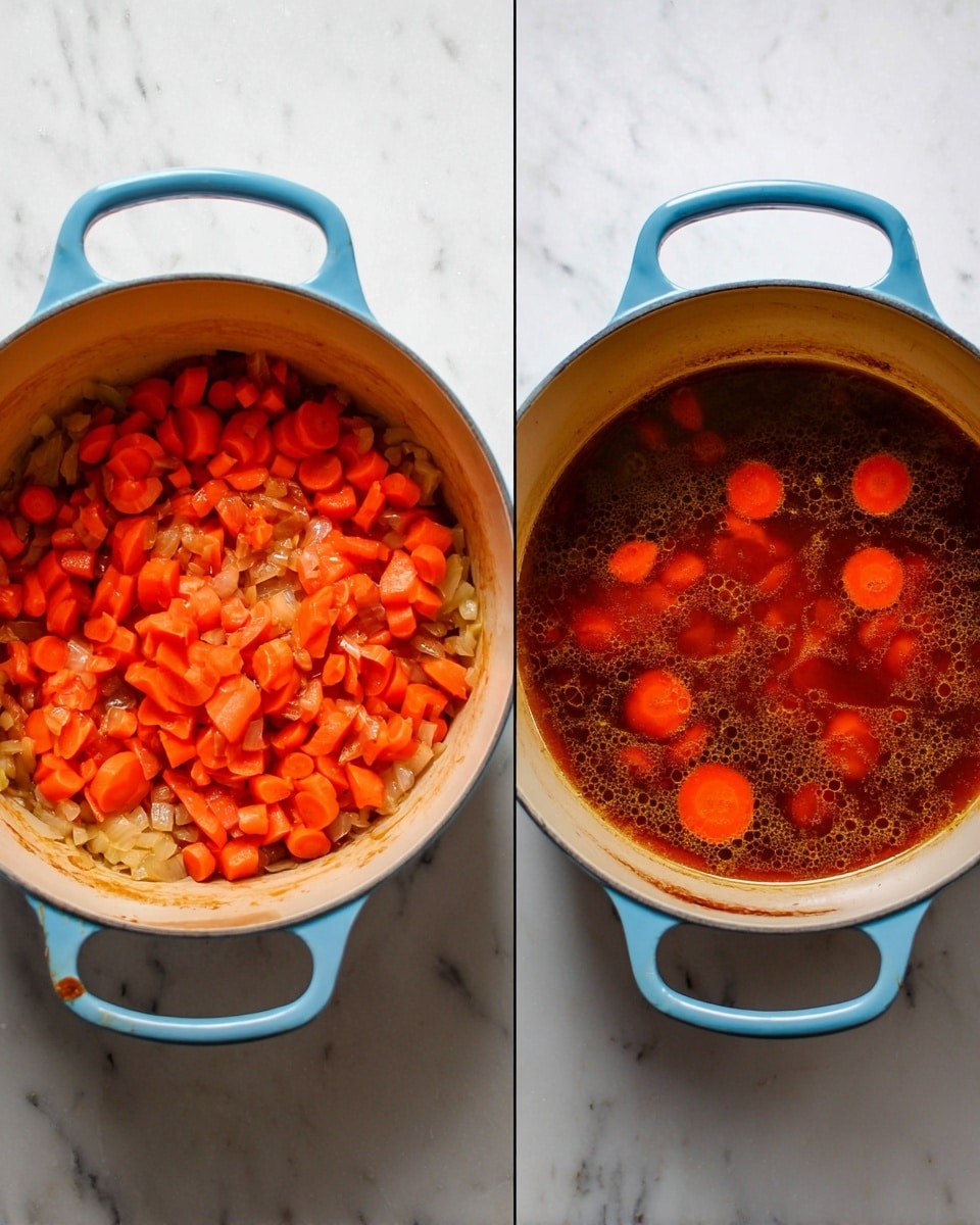 The image shows two round light blue pots, each viewed from above, placed side by side on a white marbled surface. The left pot contains two layers: at the bottom, soft cooked onions and bits of light orange vegetables, topped with bright orange sliced carrots spread evenly, creating a textured mix of soft and firm pieces. The right pot has one layer of dark reddish-brown broth that is liquid with bubbles and some floating slices of orange carrots, filling about half the pot. Both pots have handles and the inner sides are light cream color, stained slightly with the food. photo taken with an iphone --ar 4:5 --v 7