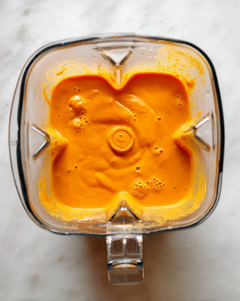 A top view of a clear blender container filled with bright orange creamy soup or sauce. The mixture has smooth texture with some small bubbles and swirls on the surface. The blender is set on a white marbled surface, showing its square shape with a handle on the left side. The thick liquid inside looks fresh and evenly blended. photo taken with an iphone --ar 4:5 --v 7