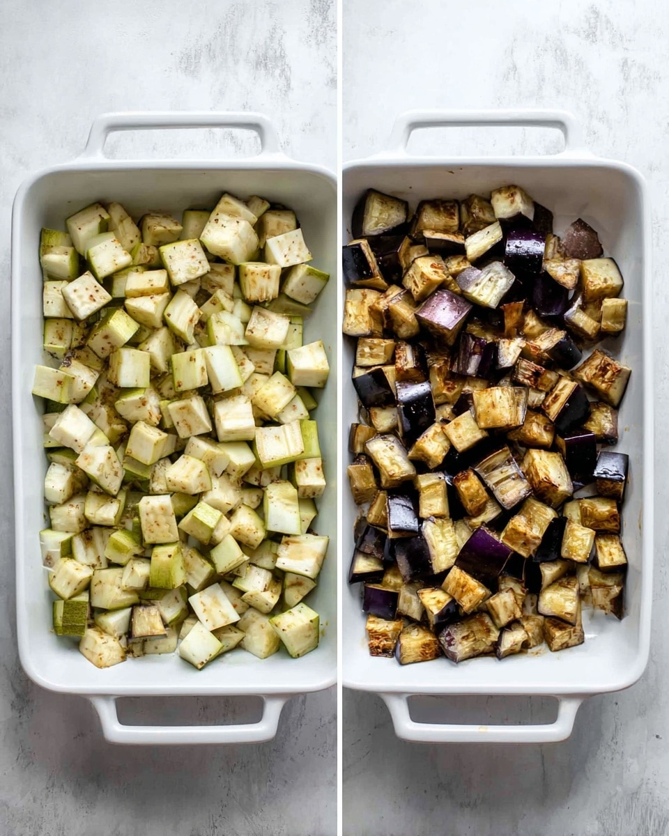 A white baking dish with two sections shown side by side on a white marbled background; both sections contain chopped eggplant cubes, with the left side showing raw eggplant pieces that are light green and purple with some seeds visible, while the right side shows roasted eggplant cubes that are browned and shriveled with a slightly softened texture. Photo taken with an iphone --ar 4:5 --v 7