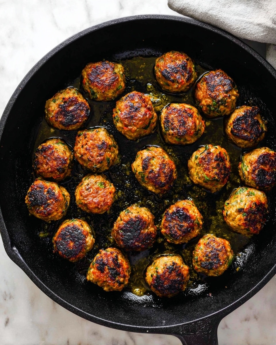 The image shows a black cast iron pan filled with about 20 small, round meatballs that have a golden brown and slightly charred outer layer. Each meatball has a textured surface with visible bits of green herbs and small chunks of vegetables, giving them a speckled look. The pan is set on a white marbled surface, which contrasts with the dark color of the pan and makes the warm colors of the cooked meatballs stand out. There is a small amount of oil visible around the meatballs, adding a slightly shiny finish to the dish. Photo taken with an iphone --ar 4:5 --v 7