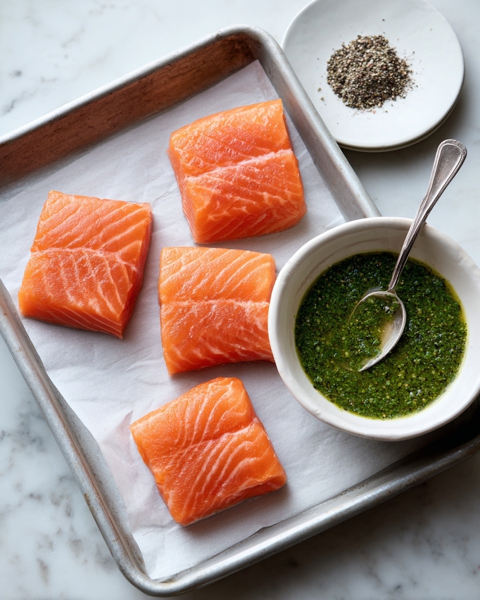 A white bowl contains a bed of fresh mixed leafy greens in dark green and purple shades as the bottom layer, topped with a thick golden-brown baked salmon fillet that has a slightly textured, seasoned crust. There is a thin, flat lemon slice tucked at the side under the salmon. In the background, a white bowl with yellow lemon wedges and a gold fork rest on a white marbled surface. Photo taken with an iphone --ar 4:5 --v 7