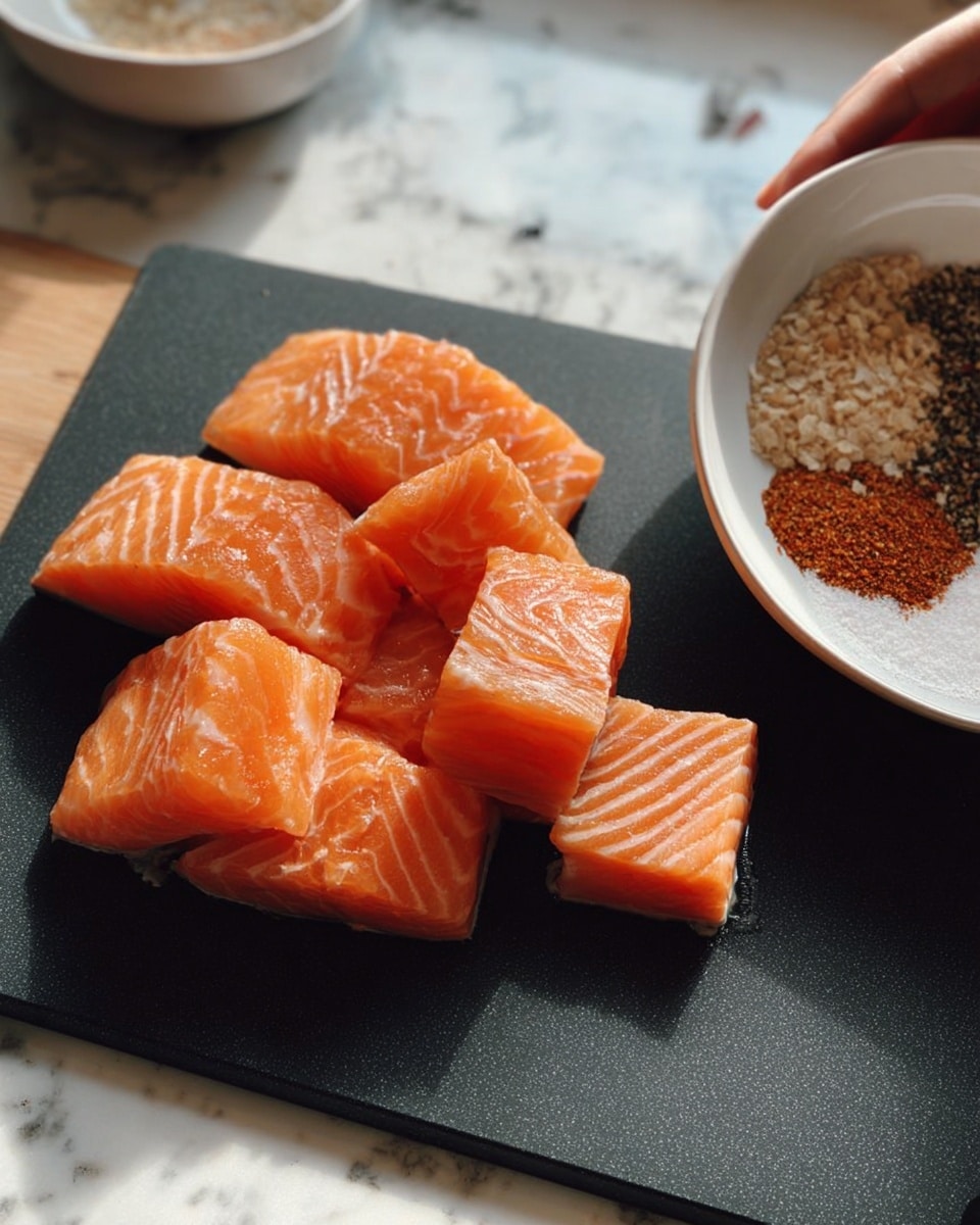 The image shows several pieces of raw salmon with a bright orange and white striped texture placed on a black cutting board. To the right, a woman's hand holds a small white bowl containing a mix of spices in various colors including white, brown, dark red, and light orange. The background is a white marbled surface that reflects some soft natural light. Photo taken with an iphone --ar 4:5 --v 7