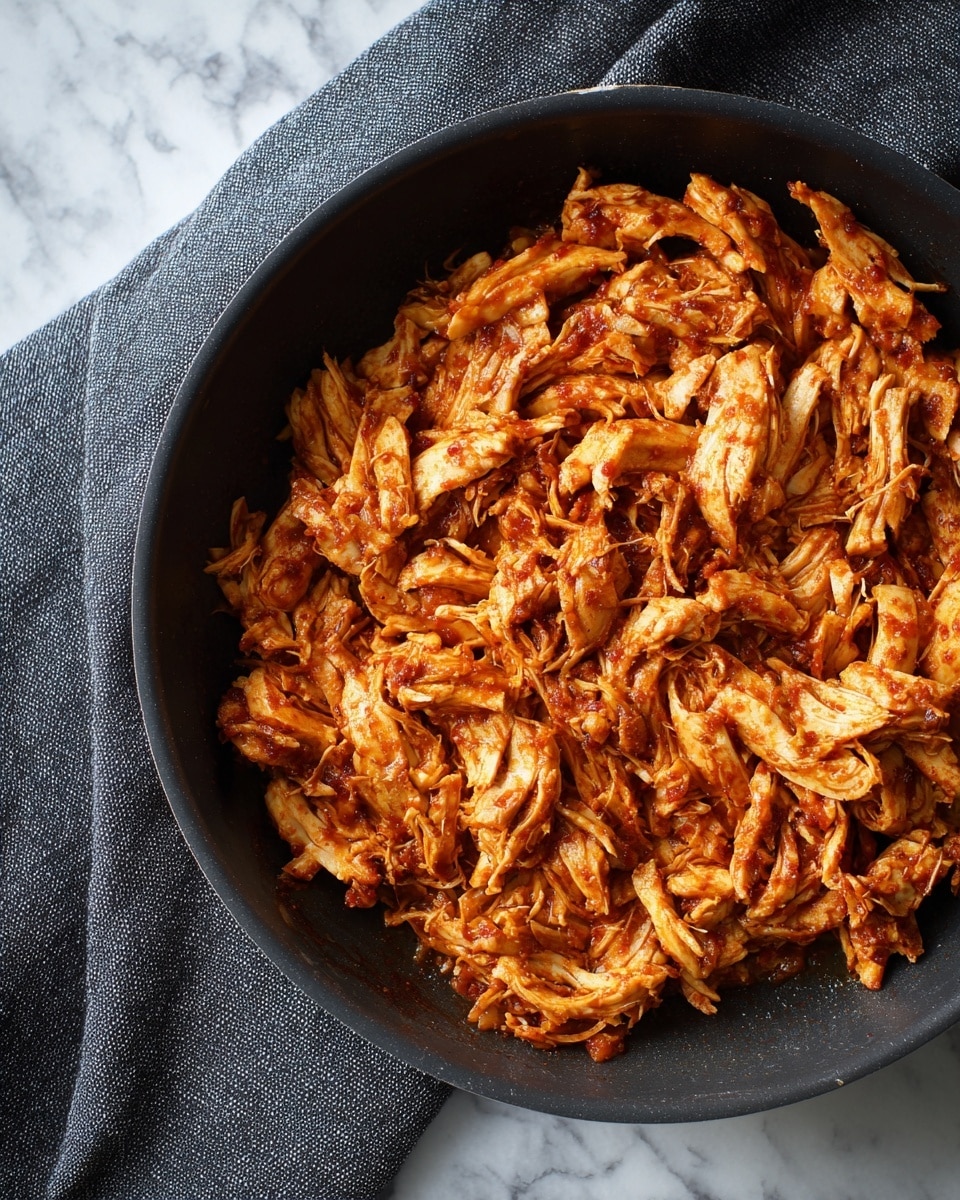 The image shows a close-up of shredded cooked chicken in a black skillet. The chicken is coated in a reddish-brown sauce that gives it a moist and slightly textured look, with pieces varying in size and some showing fibrous details. The skillet rests on a dark gray textured cloth, while the background is a white marbled surface. Photo taken with an iphone --ar 4:5 --v 7